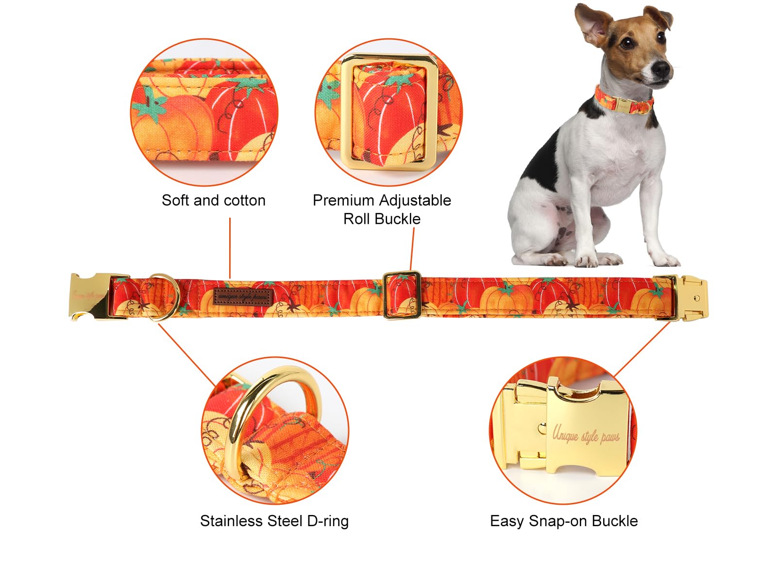 Halloween Dog Collar Metal Buckle Orange Pumpkin Collar Gift Durable Cute Collar for Small Medium Large Boys Girls Dogs
