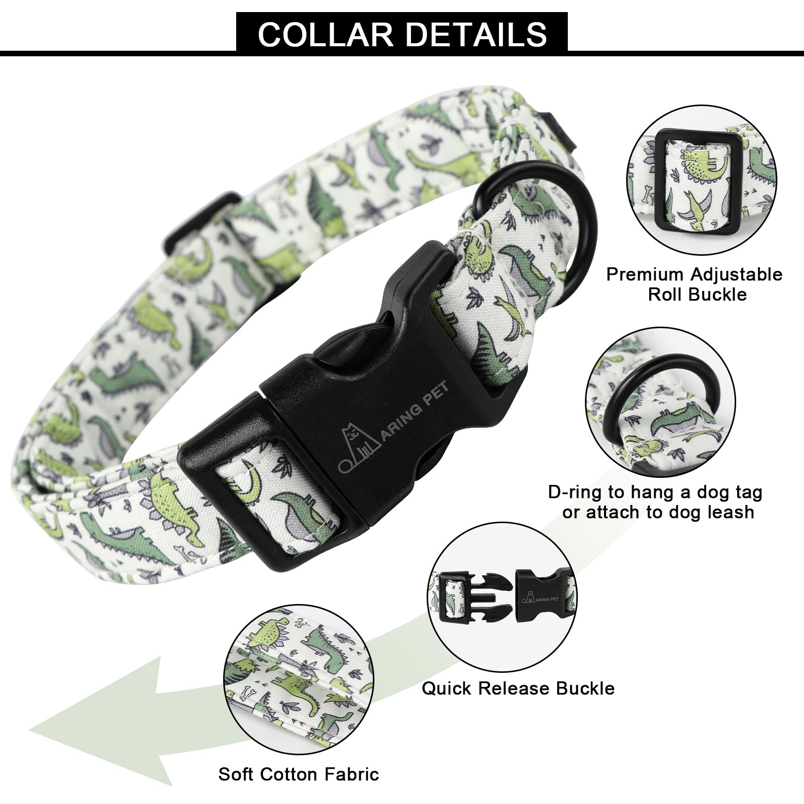 Dinosaur Dog Collar-Cute Dog Collar for Small Dogs, Adjustable Comfortable Cotton Boy Dog Collars for Small Medium Large Dogs