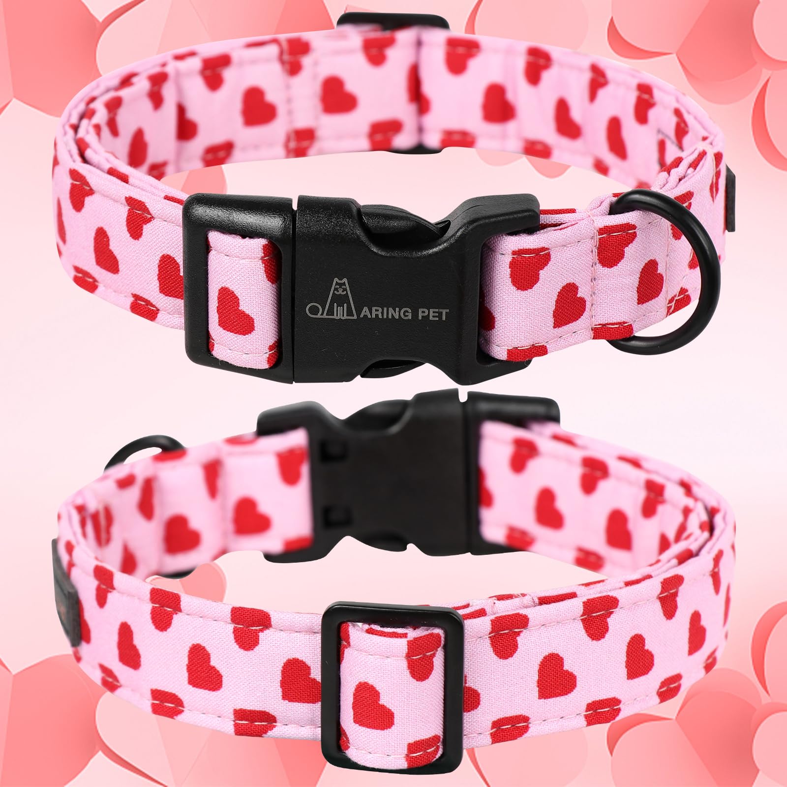 Valentine's Day Dog Collar-Cute Cotton Heart Dog Collars, Adjustable Valentine Pink Heart Pet Collars Girl Puppy Collar with Quick Release Buckle
