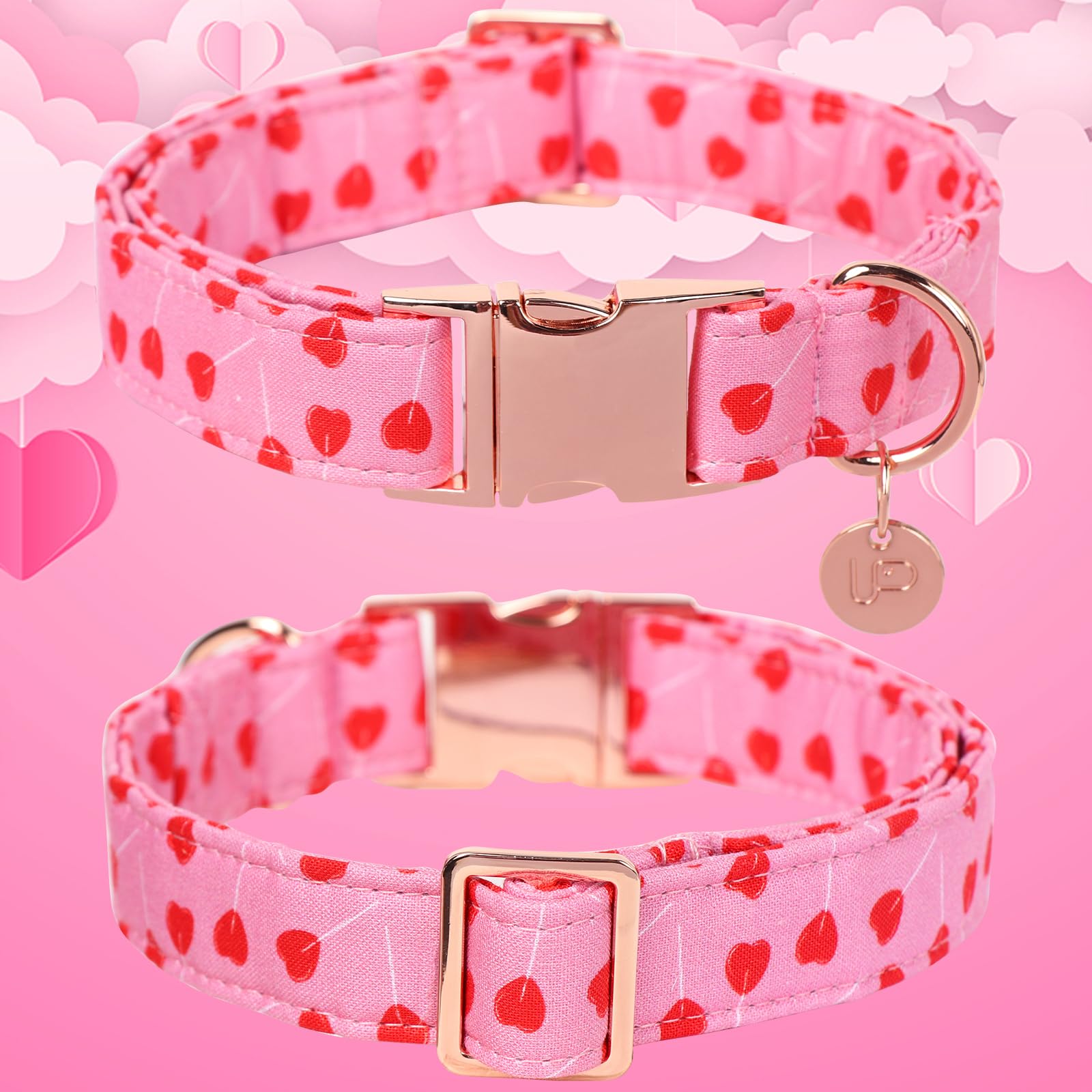 Valentine's Day Dog Collar,Pink Heart Dog Collar for Small Medium Large Girl Boy Dogs or Cats, Wedding Dog Collar Match Dog Leash, Pet Collar with Metal Buckle