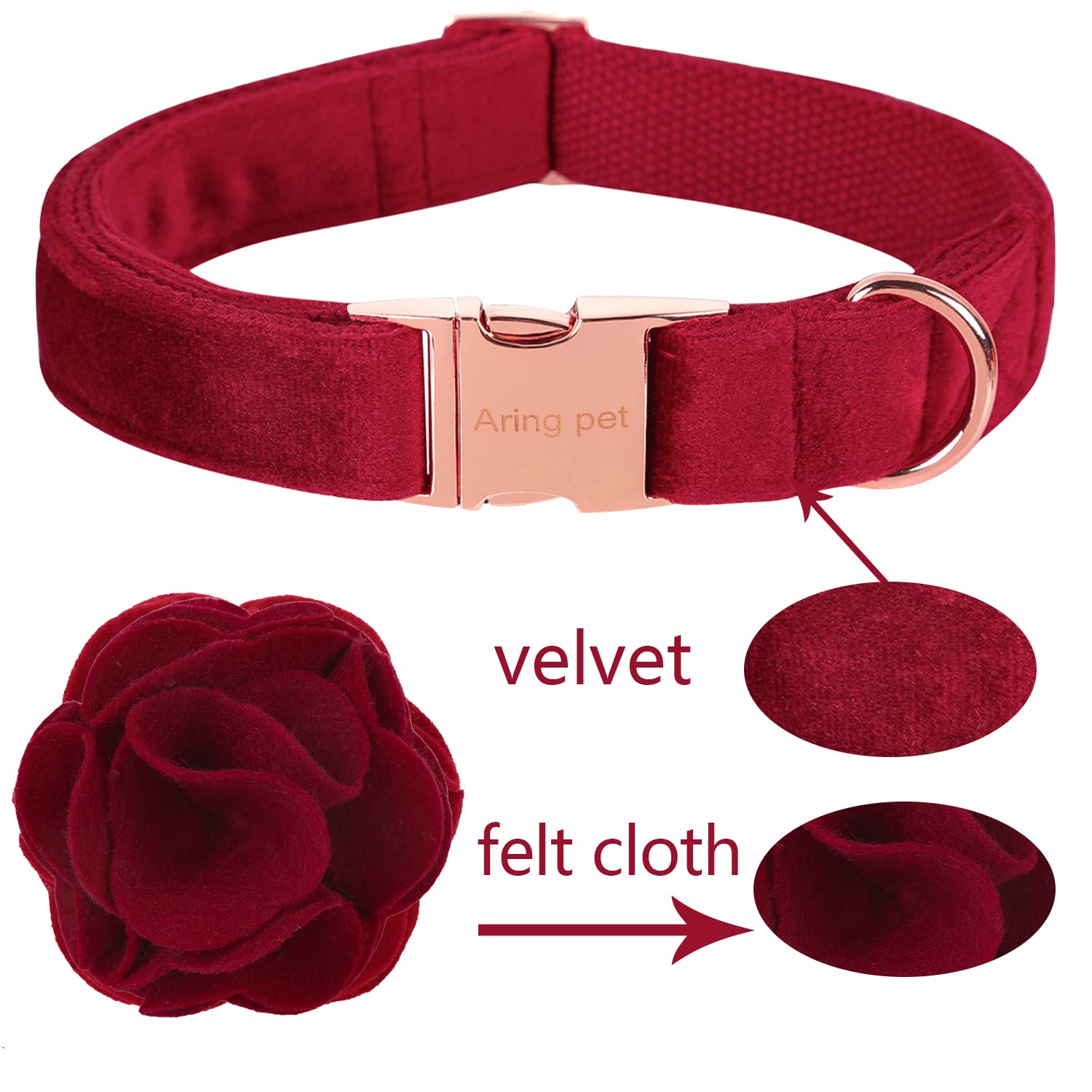 Velvet Dog Collar, Adorable Christmas Dog Collar with Felt Flower, Comfortable Red Girl Dog Collars with Metal Buckle for Small Medium Large Dogs