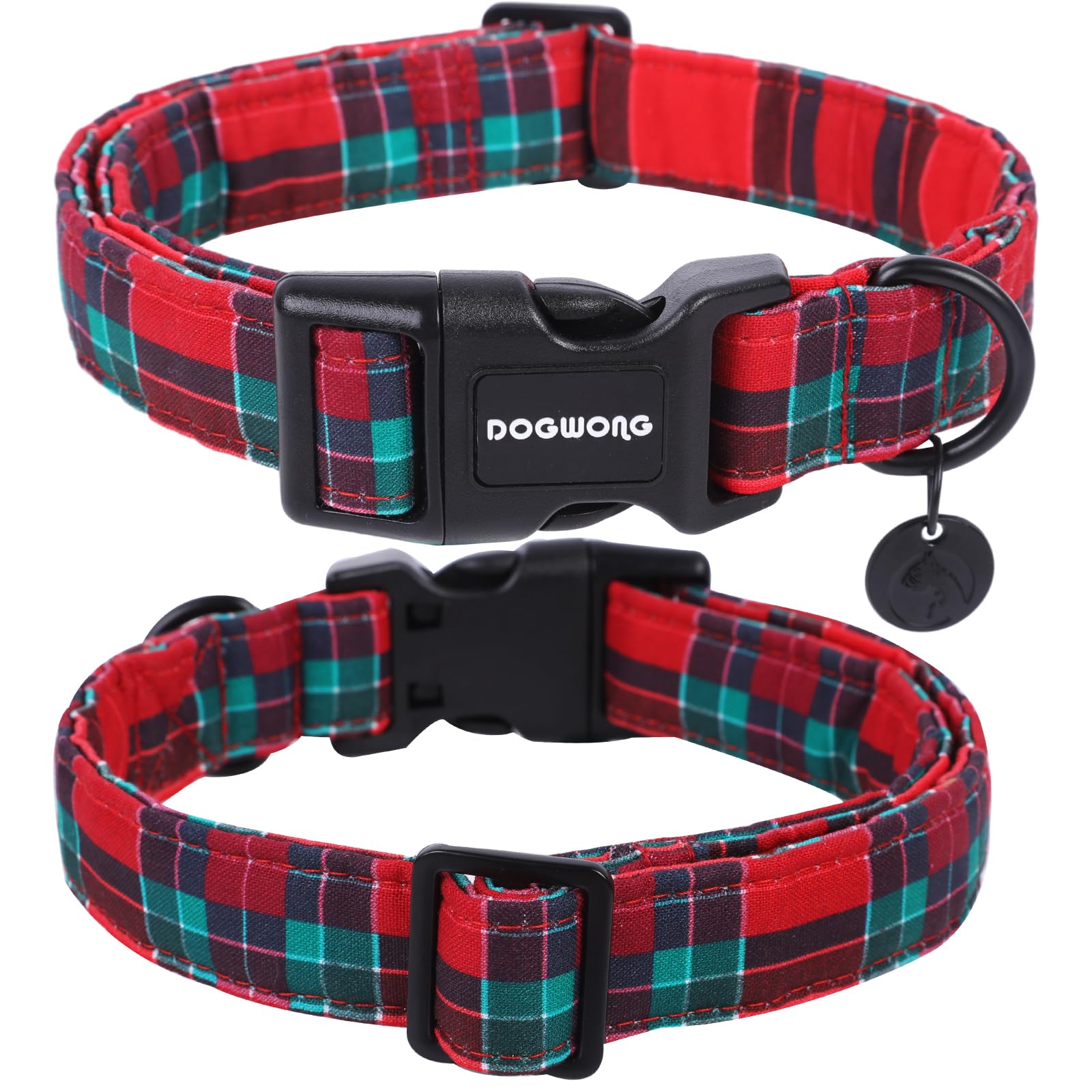 Christmas Cotton Dog Collar, Red Green Tartan Christmas Dog Collar Durable Soft Fabric Pet Dog Collar Cute Red Green Plaid Puppy Necklace for Small Medium Large Dog