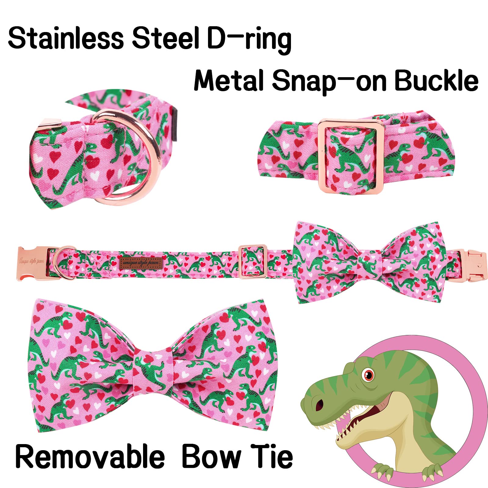 Pink Dinosaur & Heart Puppy Collar With Bowtie