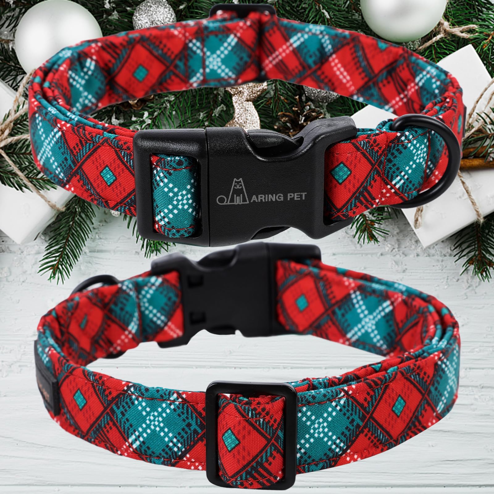 Christmas Dog Collar-Cotton Lightweight Red Green Plaid Dog Collars, Adjustable Christmas Pet Collar Puppy Collars with Quick Release Buckle