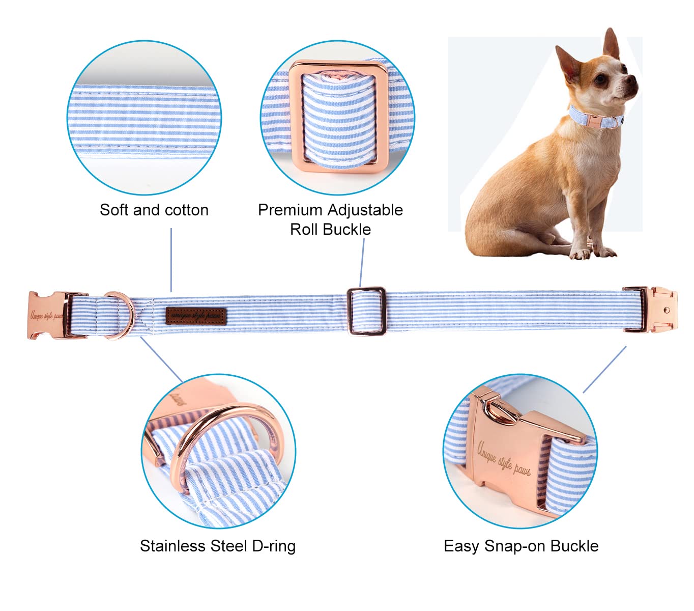 Dog Collar Metal Buckle Blue Stripe Collar Gift Durable Cute Collar for Small Medium Large Boys Girls Dogs