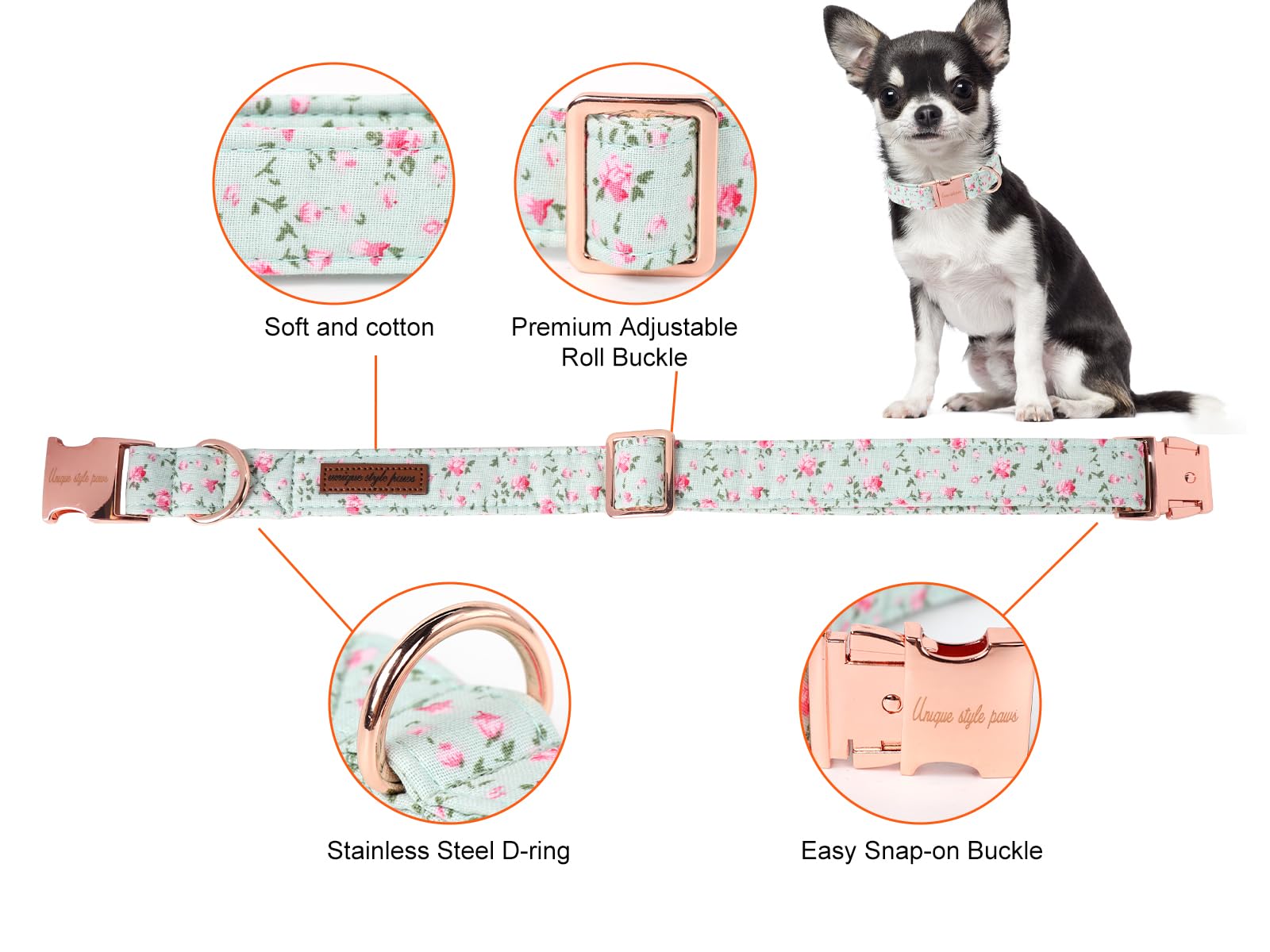 Dog Collar Metal Buckle Green Flowers Collar Gift Durable Cute Collar for Small Medium Large Boys Girls Dogs