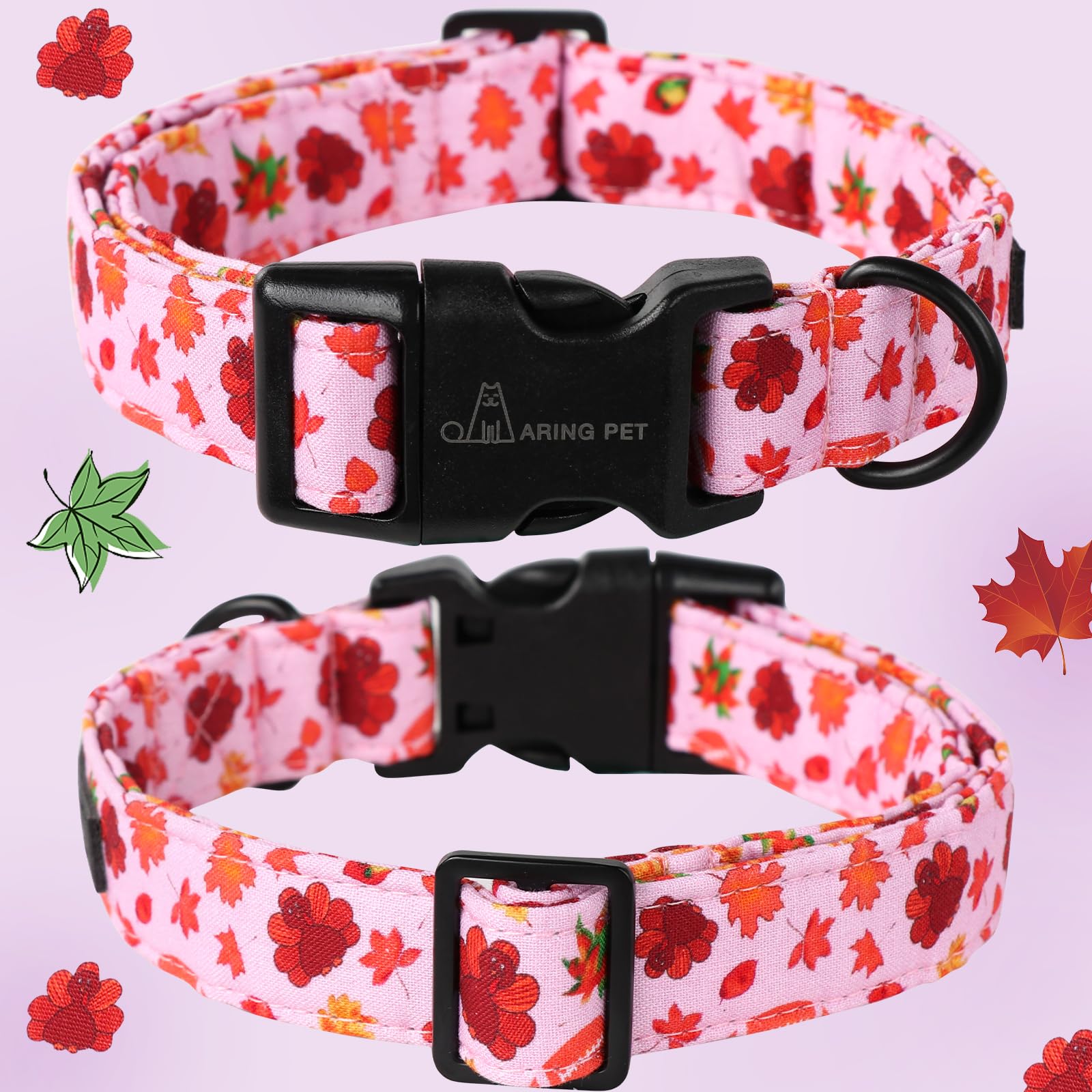 Fall Dog Collar Pink Maple Leaf Rugby Dog Collars, Cotton Lightweight Thanksgiving Turkey Dog Collars Puppy Collar for Small Medium Large Dogs