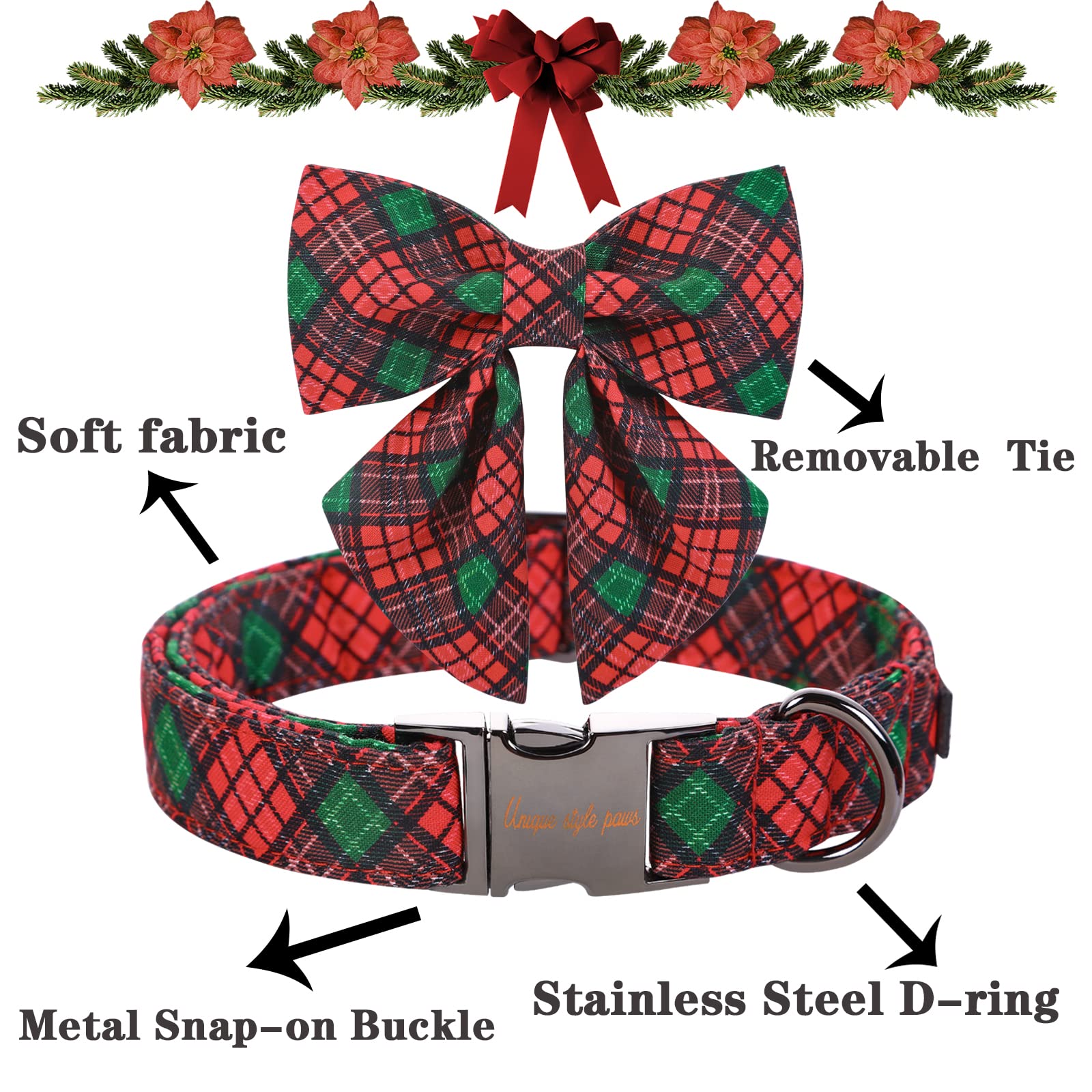 Red Green Plaid Adjustable Cotton Puppy Collar with Sailor Bow