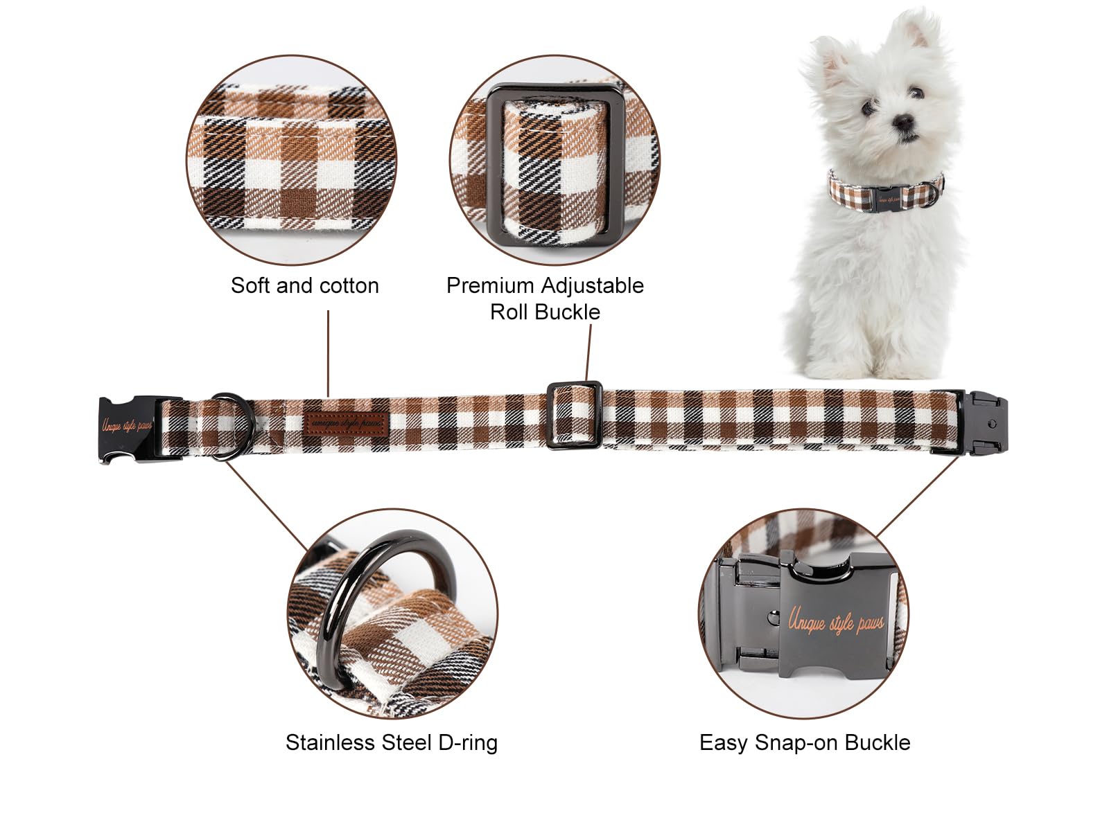 Dog Collar Metal Buckle Brown Plaid Collar Gift Durable Cute Collar for Small Medium Large Boys Girls Dogs