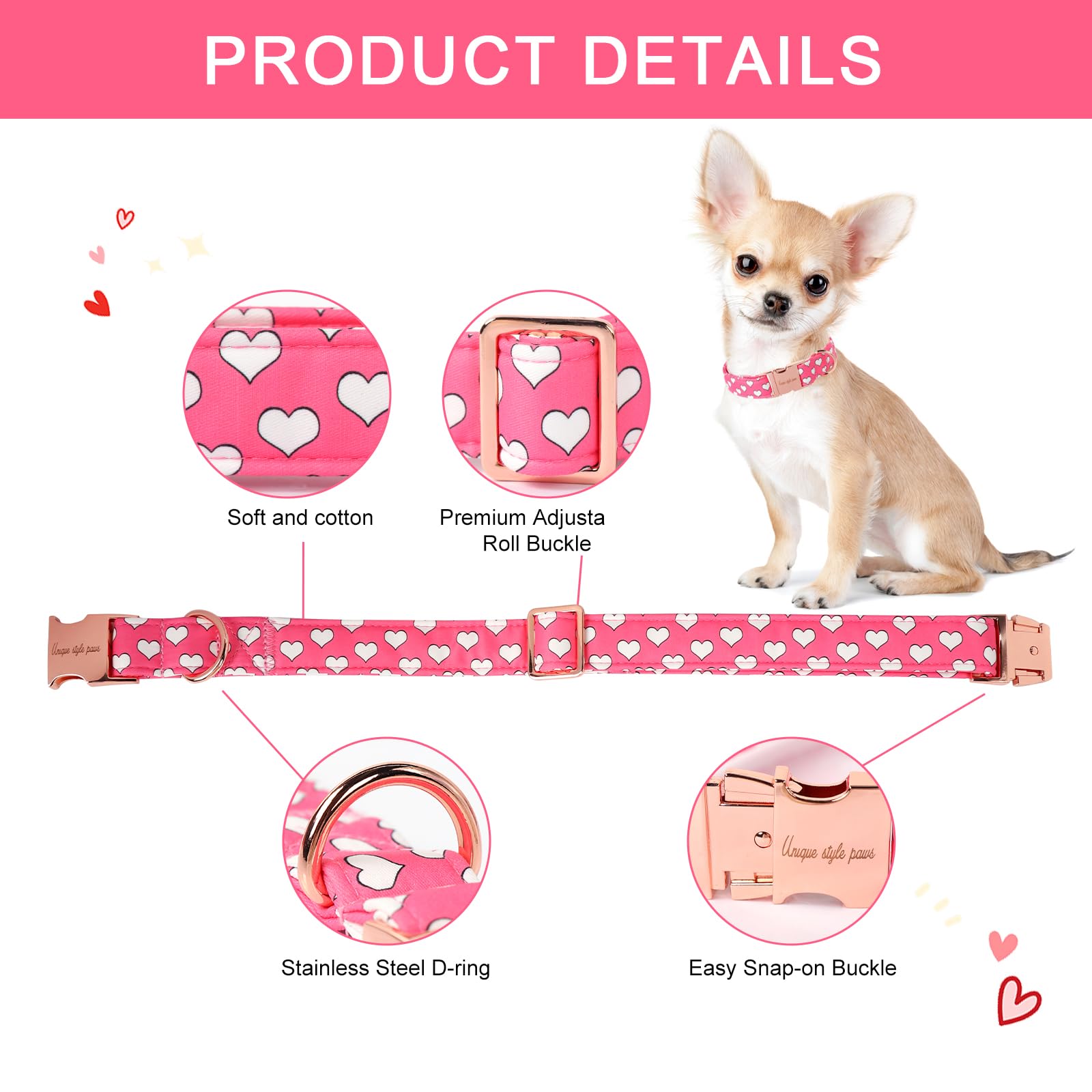 Dog Collar Metal Buckle Collar for Valentine's Day Gift Pink Heart Love for Small Medium Large Boys Girls Dogs