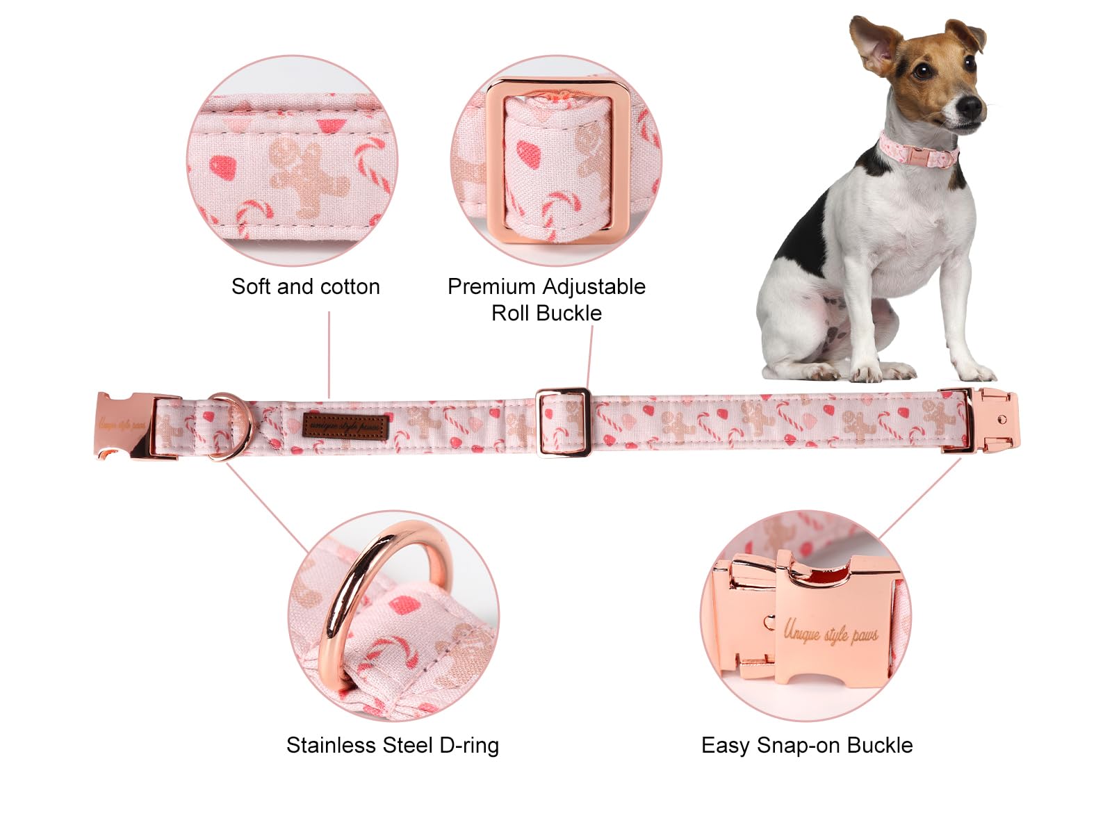 Christmas Dog Collar Metal Buckle Pink Gingerbread Puppy Collar Gift Durable Cute Collar for Small Medium Large Boys Girls Dogs