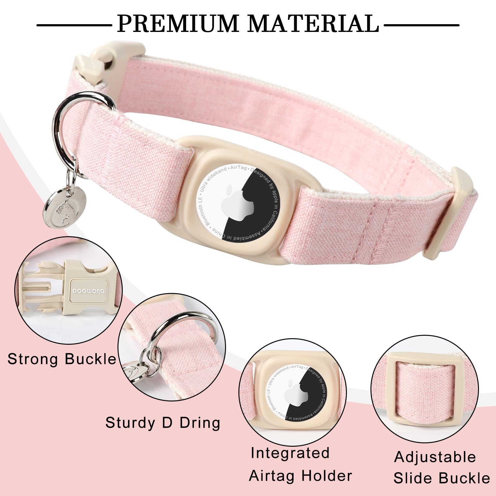 Airtag Cotton Hemp Dog Collar, Heavy-Duty Dog Collar with Airtag Holder Pink Dog Collar Natural Fabric Pet Dog Collar Cute Puppy Necklace for Small Medium Large Dog