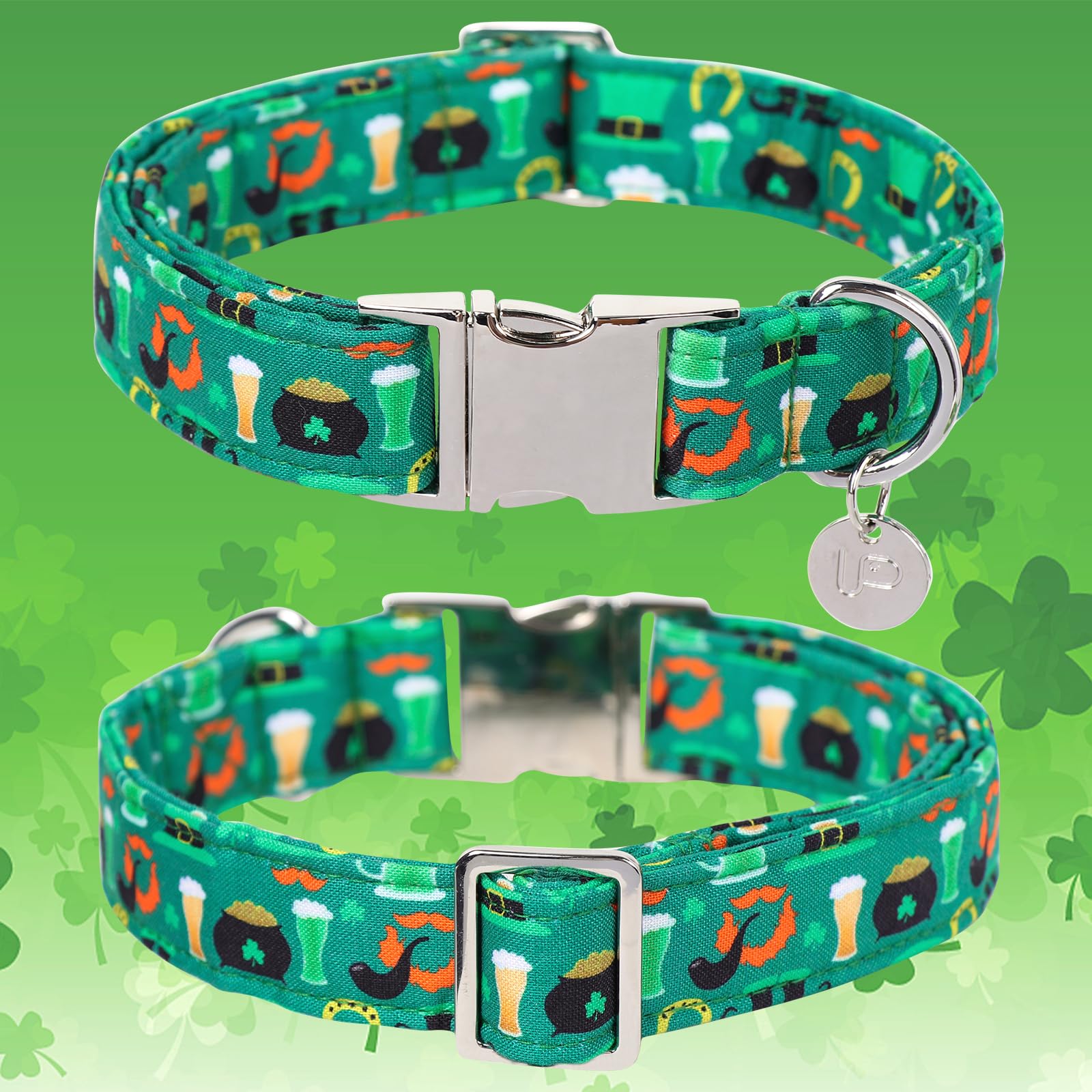 St. Patrick's Day Dog Collar, Cotton St. Patricks Day Clover Collar for Puppy Girl Boy Dog or Cat, Lucky Shamrock Dog Collar with Metal Buckle, Green, Spring