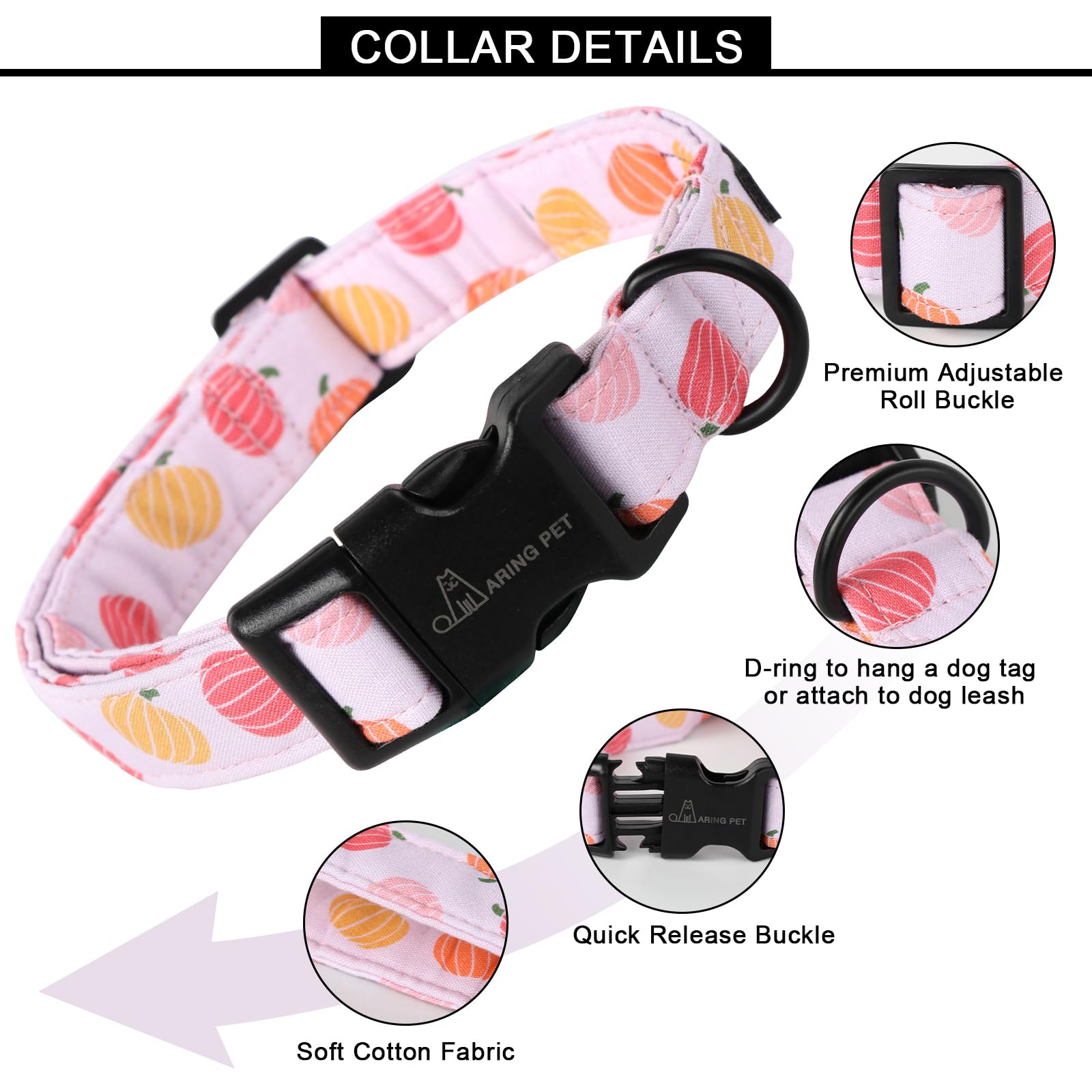 Halloween Dog Collar-Cute Pumpkin Dog Collar for Small Dogs, Cotton Pink Girl Dog Collars with Quick Release Buckle for Small Medium Large Dogs