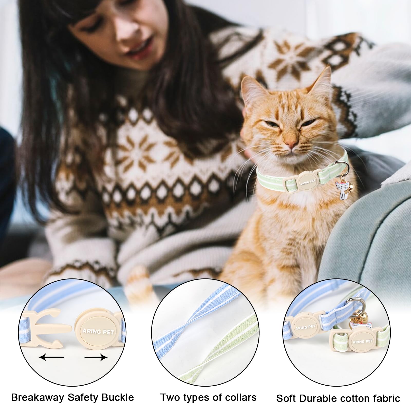 2 Pack Cat Collar-Cute Cotton Cat Collar with Bell & Pendant, Adjustable Blue Green Striped Kitten Collars with Safety Buckle for Girl and Boy Pets