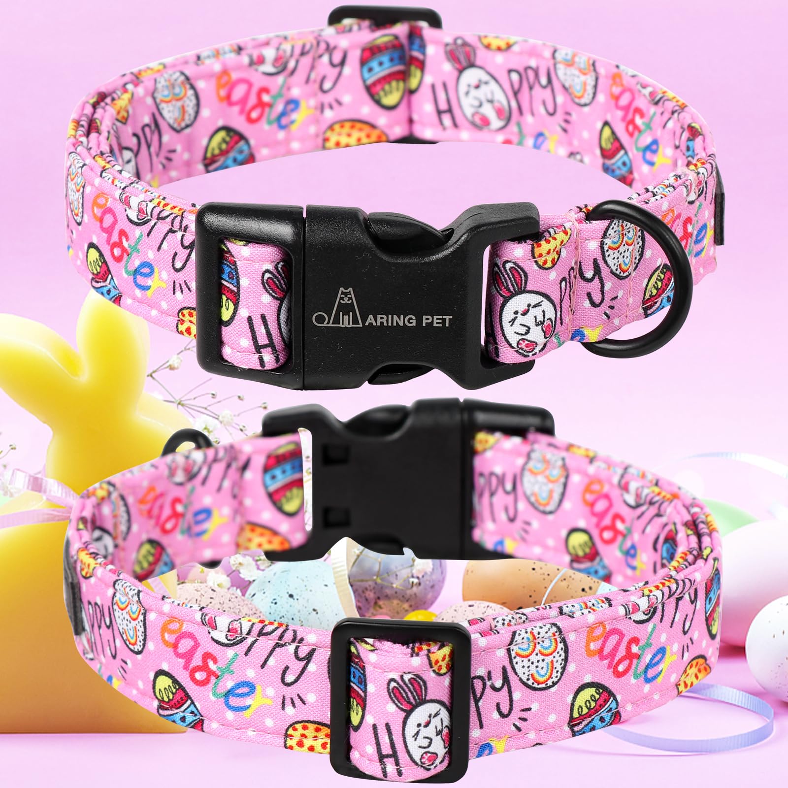 Easter Dog Collar-Cute Easter Eggs Dog Collar, Adjustable Cotton Pink Easter Pet Collar Puppy Collars with Quick Release Buckle