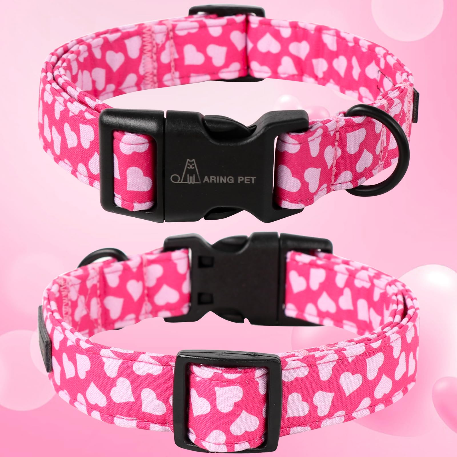 Valentine's Day Dog Collar-Cotton Pink Heart Dog Collars, Adjustable Valentine Heart Pet Collars Puppy Collar with Quick Release Buckle for Girl&Boy Dogs