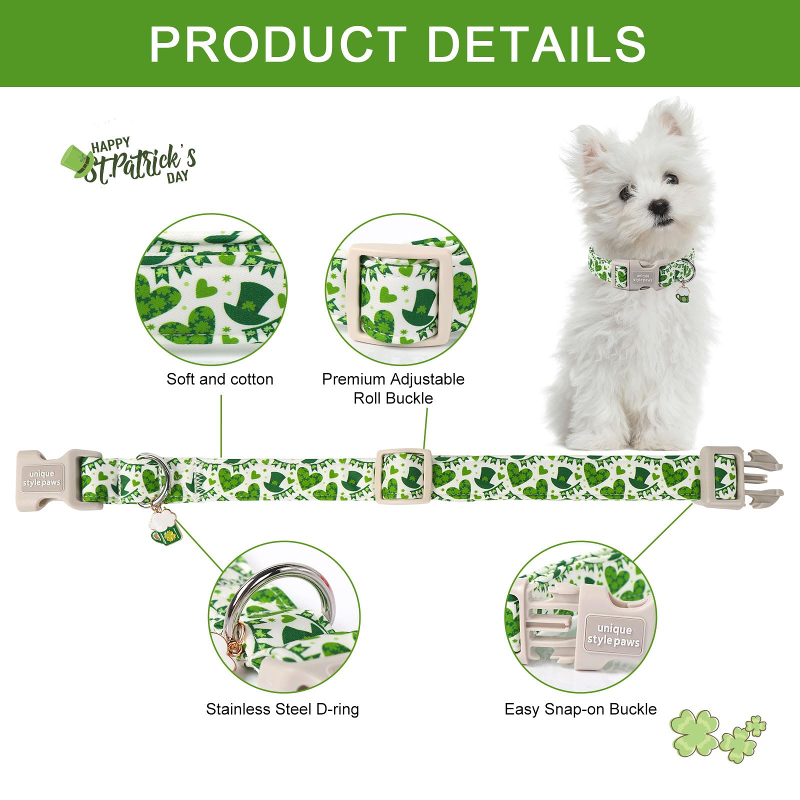 St. Patrick's Day Dog Collar Plastic Buckle Collar with Pendant Green Lucky Magic Hat Gift for Small Medium Large Boys Girls Dogs