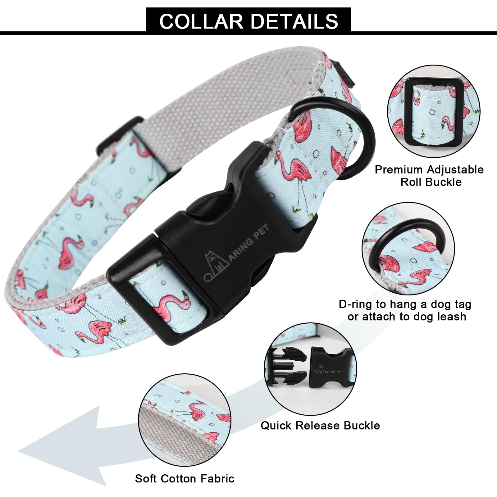 Flamingo Dog Collar-Cute Summer Small Dog Collars, Adjustable Lightweight Cotton Pet Collars for Small Medium Large Boy and Girl Dogs