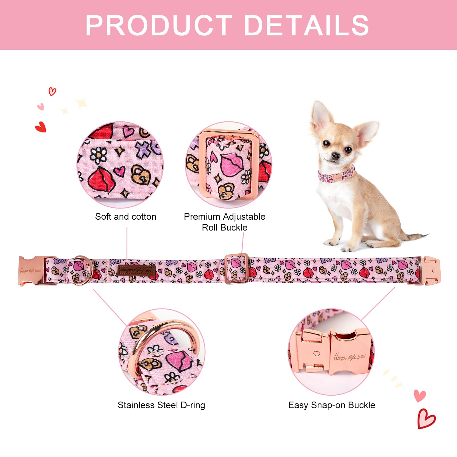 Valentine's Day Dog Collar Metal Buckle Collar XO Red Lips Gift for Small Medium Large Boys Girls Dogs Wedding