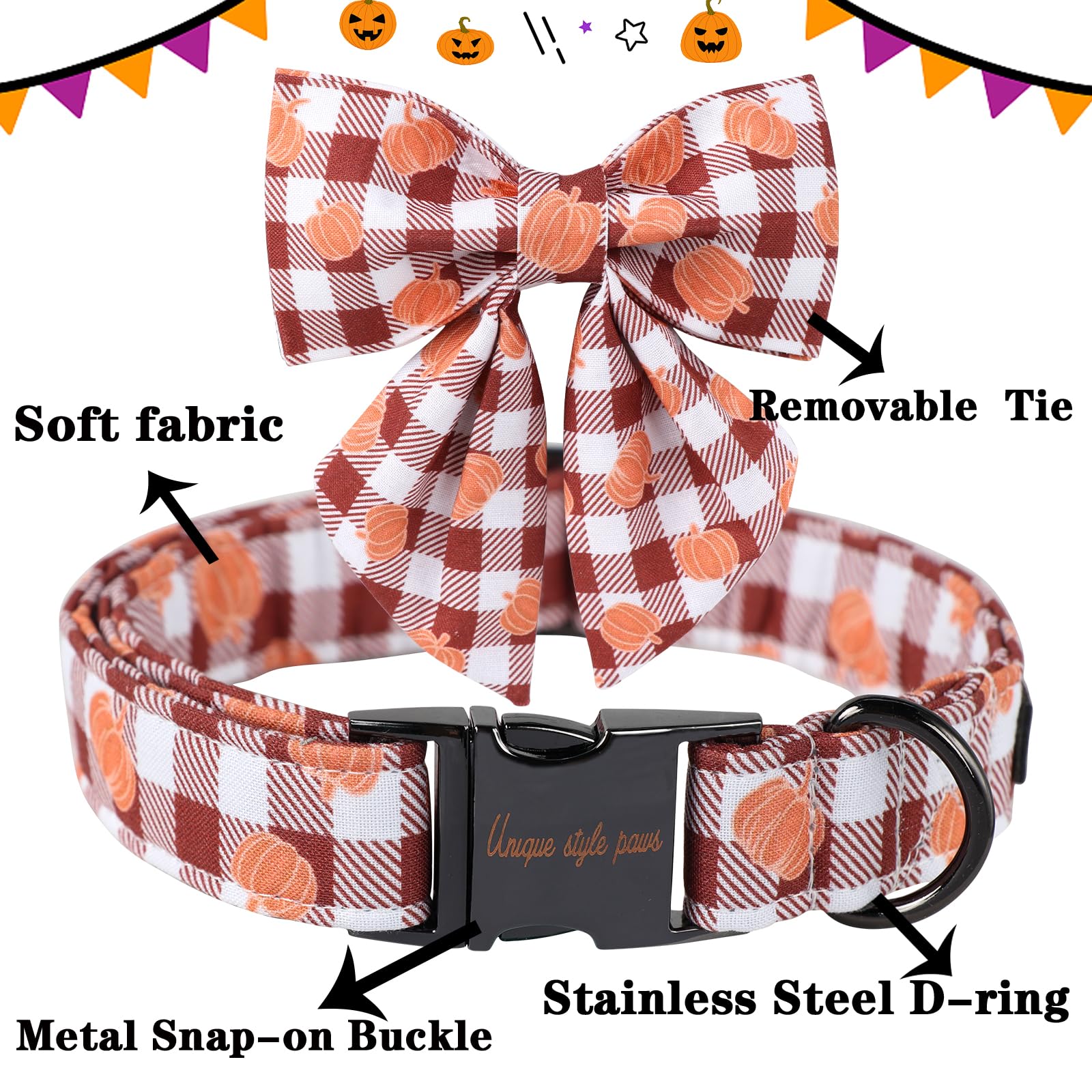 Halloween Pumpkin Plaid Dog Collar with Sailor Bow