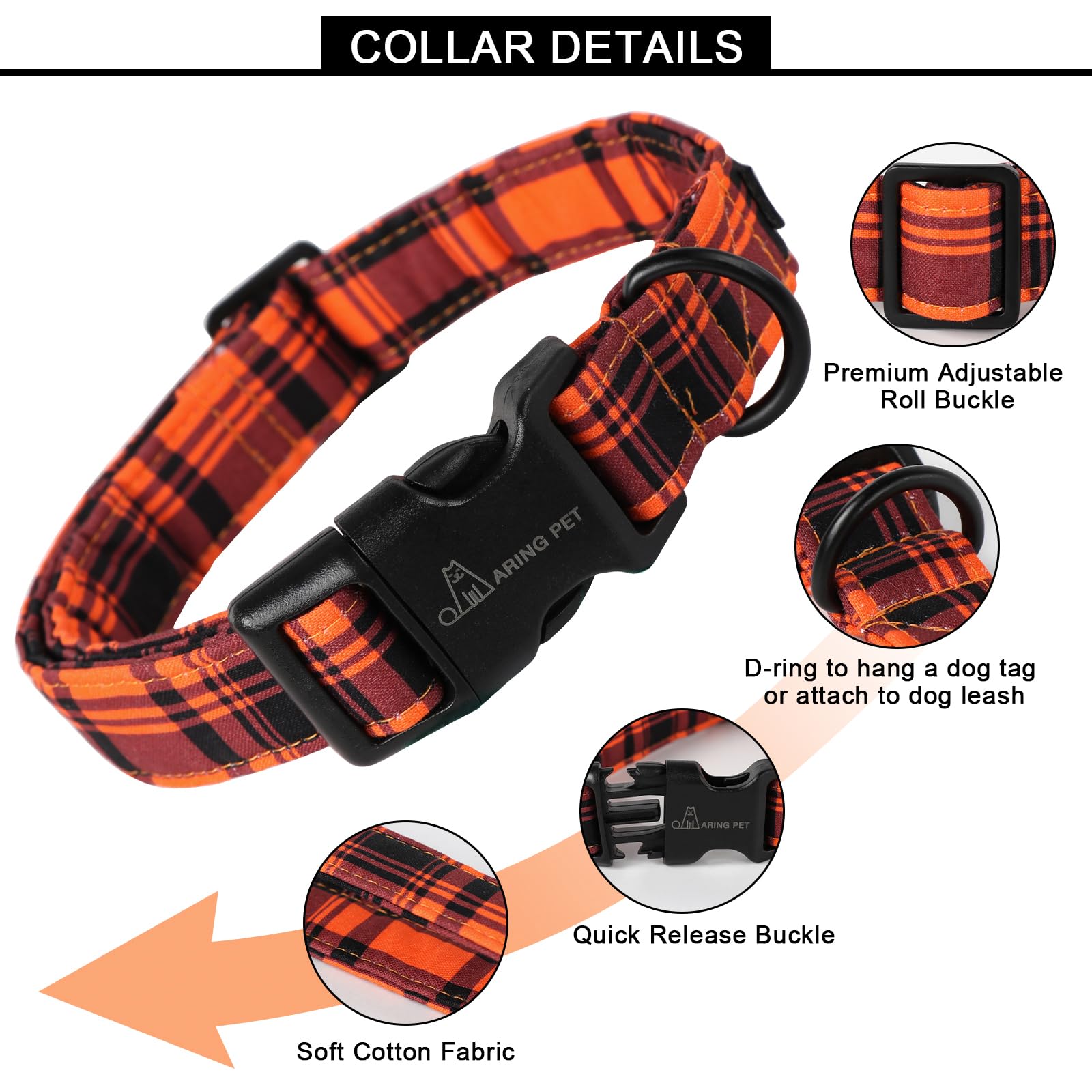 Halloween Dog Collar-Cute Fall Dog Collar for Small Dogs, Cotton Halloween Orange Grid Dog Collars for Small Medium Large Female and Male Dogs