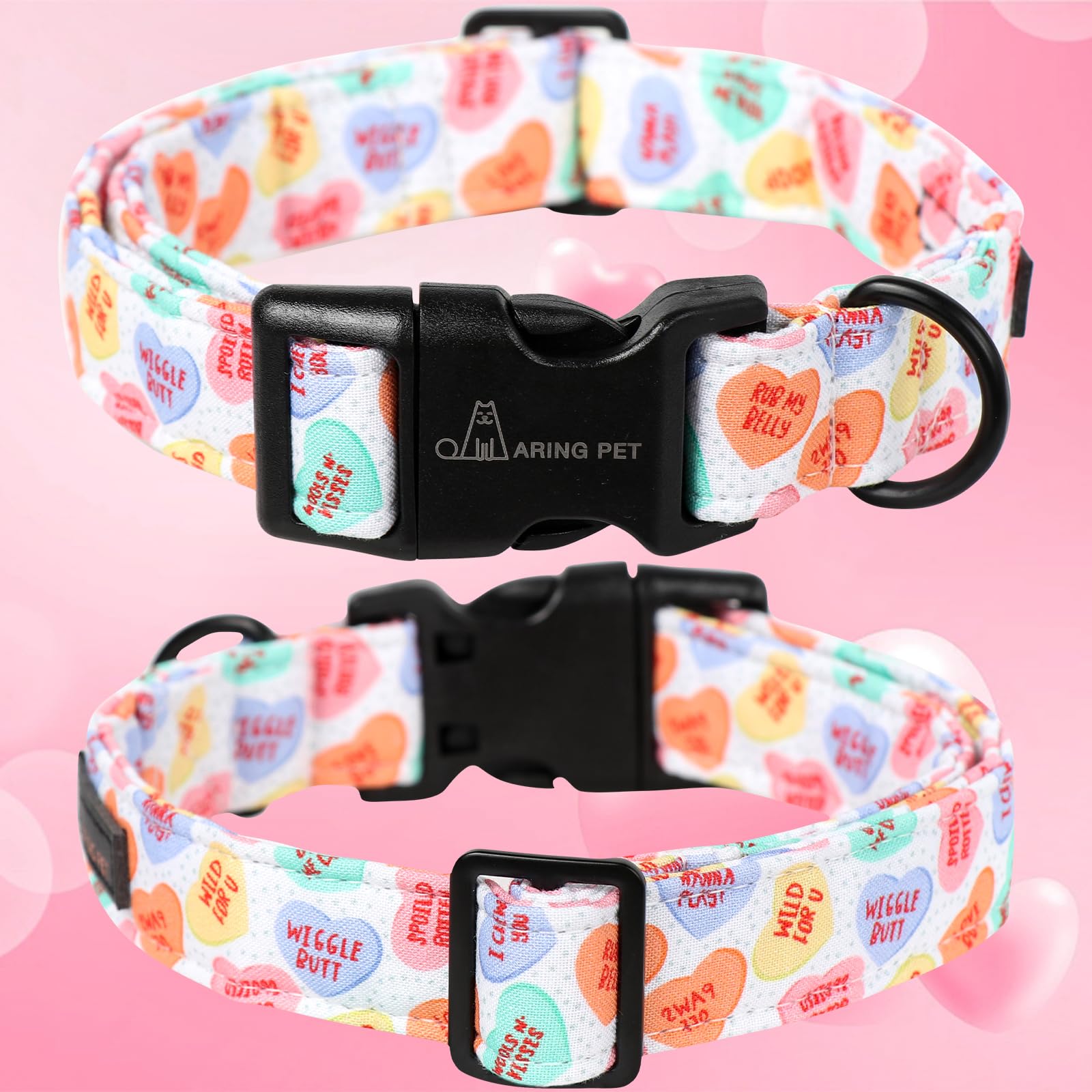 Valentine's Day Dog Collar-Cute Cotton Heart Dog Collars, Adjustable Valentine Candy Heart Pet Collars Girl Puppy Collar with Quick Release Buckle