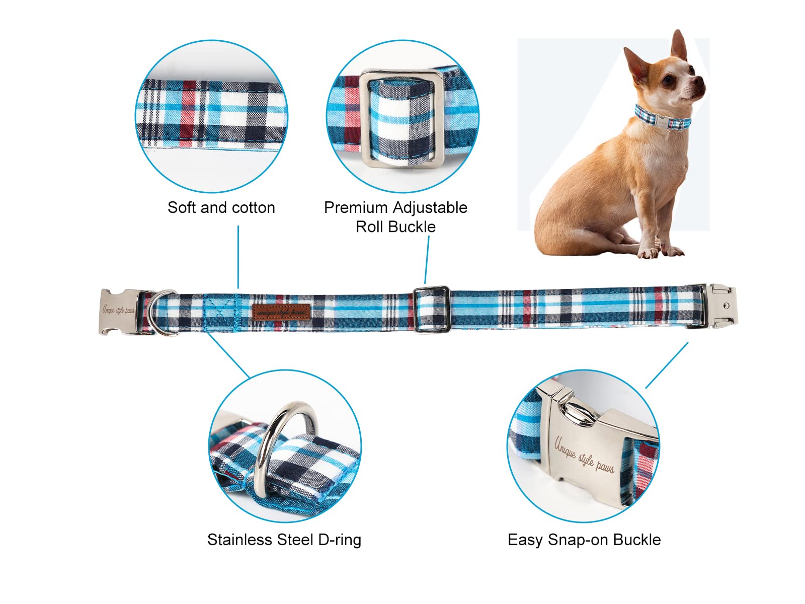 Dog Collar Metal Buckle Blue Plaid Collar Gift Durable Cute Collar for Small Medium Large Boys Girls Dogs