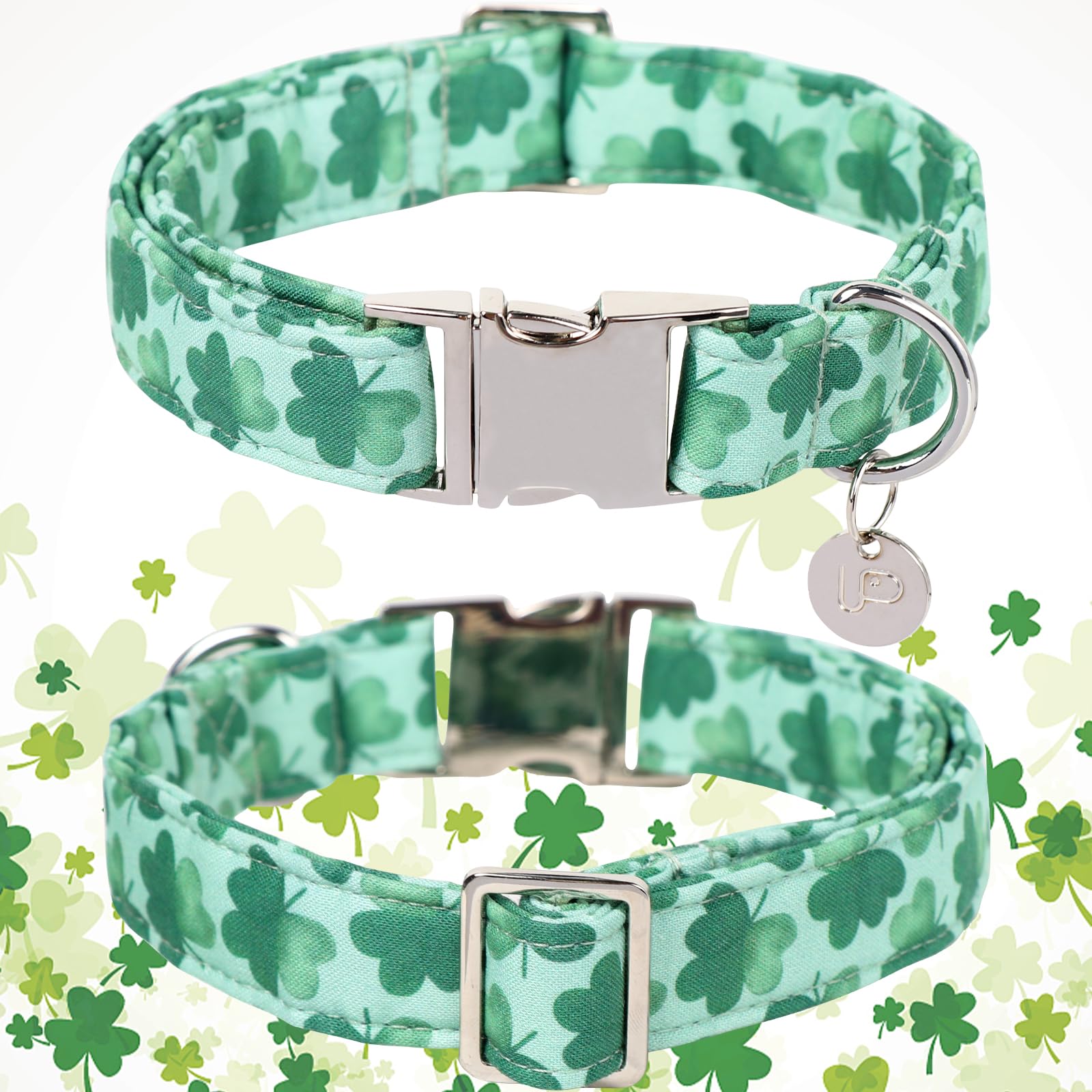St. Patrick's Day Dog Collar, Cotton St. Patricks Day Clover Collar for Puppy Girl Boy Dog or Cat, Lucky Shamrock Dog Collar with Metal Buckle, Green, Spring