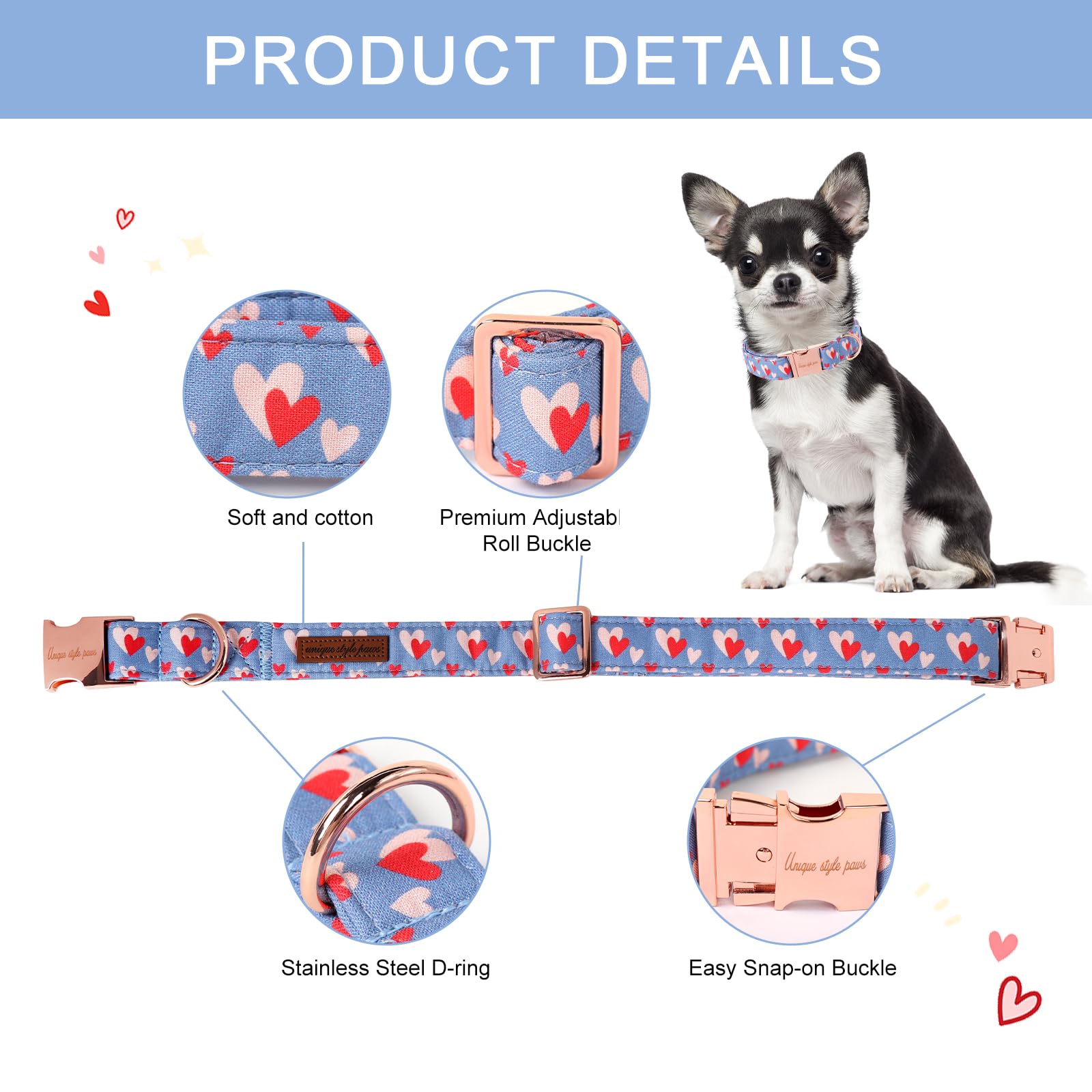 Valentine's Day Dog Collar Metal Buckle Collar Blue Pink Love Heart Gift for Small Medium Large Boys Girls Dogs Wedding