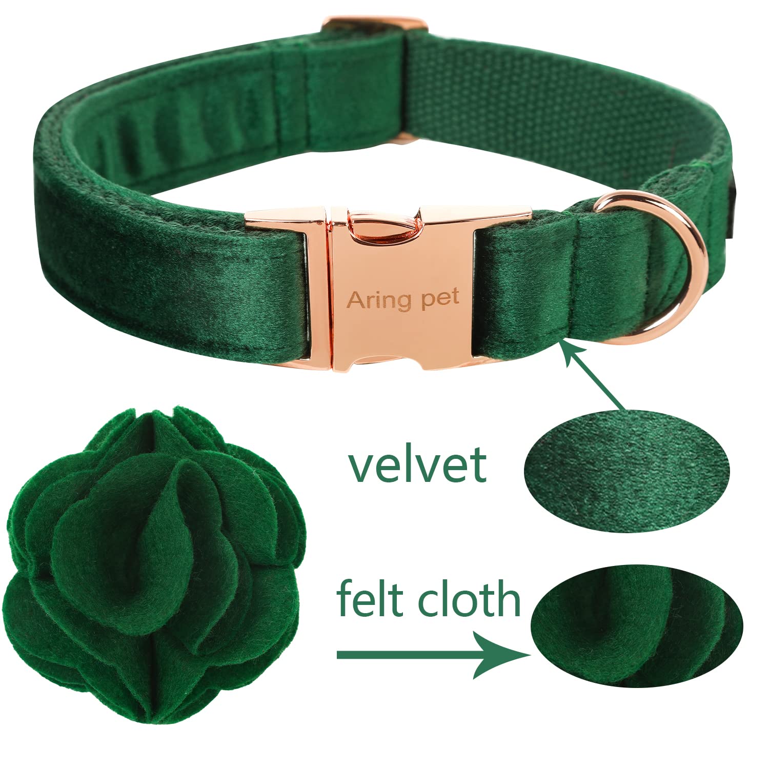Velvet Dog Collar, Cute Christmas Dog Collar with Felt Flower, Adjustable Green Dog Collars Flower with Metal Buckle for Small Medium Large Dogs