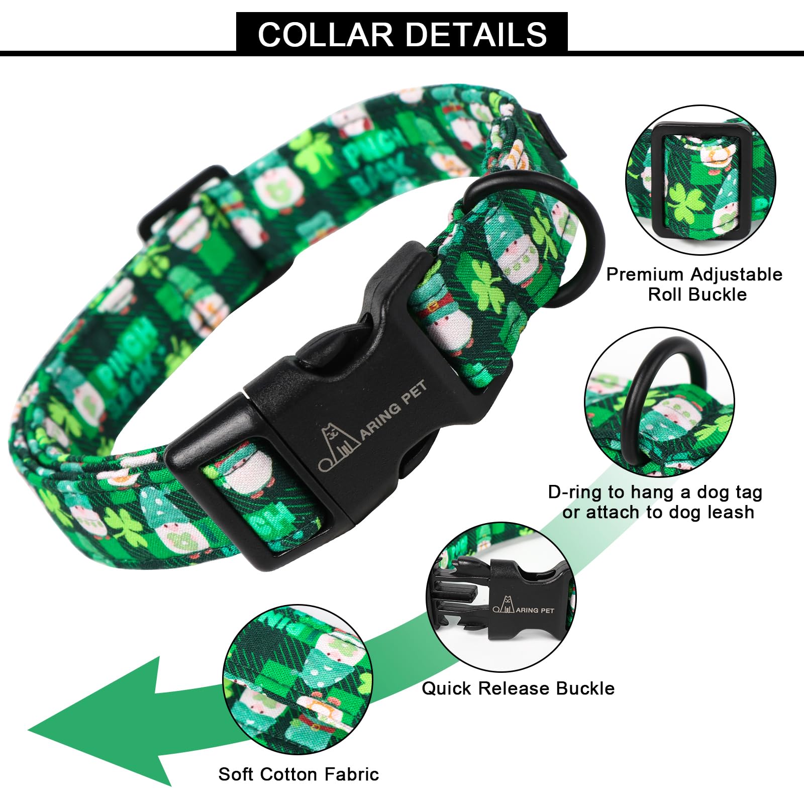 St Patrick's Day Dog Collar-Cute Clovers Dog Collar, Adjustable Cotton Shamrock Pet Collar Trefoil Puppy Collars with Quick Release Buckle