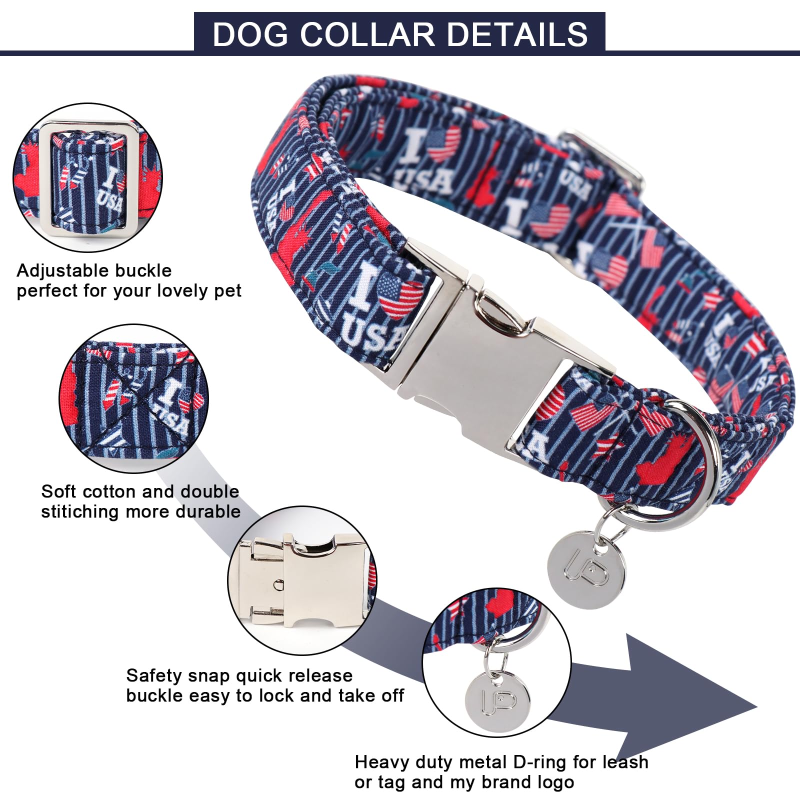 Patriotic Dog Collar, 4th of July Dog Collar, American Flag Collar for Puppy Boy Girl Dog or Cat, Comfortable Summer Collar with Metal Buckle