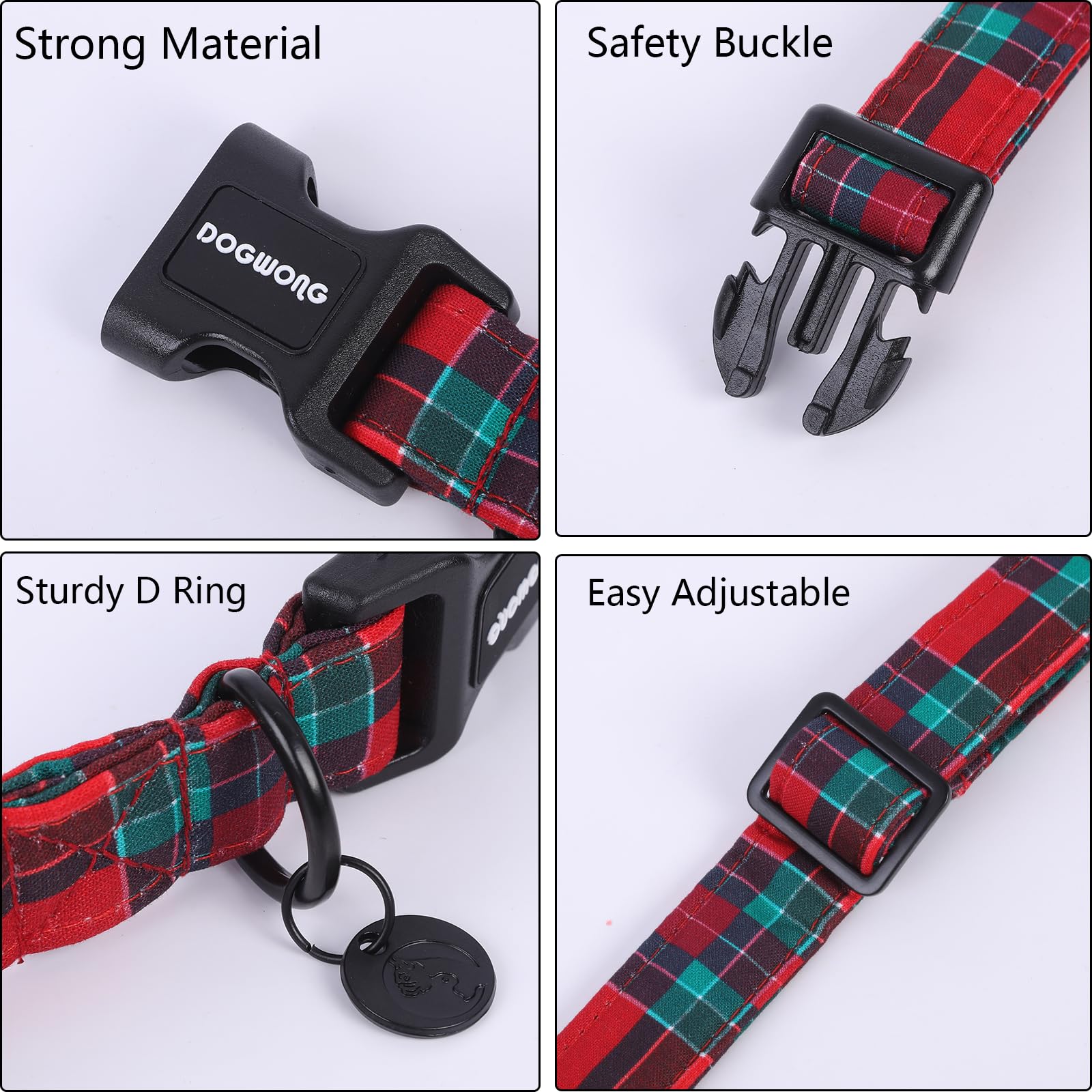 Christmas Cotton Dog Collar, Red Green Tartan Christmas Dog Collar Durable Soft Fabric Pet Dog Collar Cute Red Green Plaid Puppy Necklace for Small Medium Large Dog