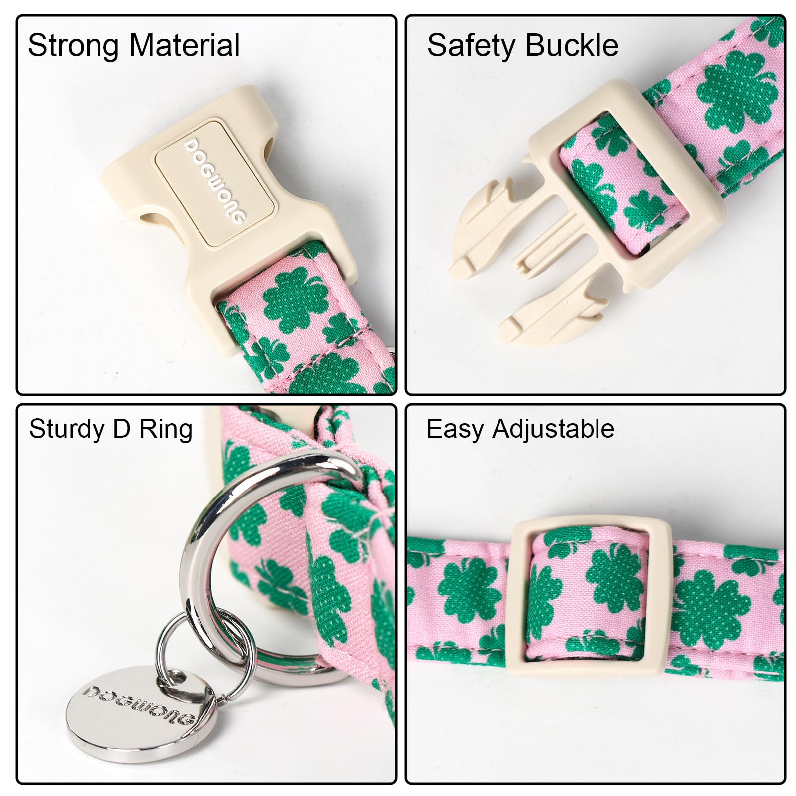St. Patrick's Day Dog Collar, Pink Lucky Clover Shamrock Dog Collar Soft Durable Adjustable Costume Lucky Charm Puppy Collar for Small Medium Large Dog