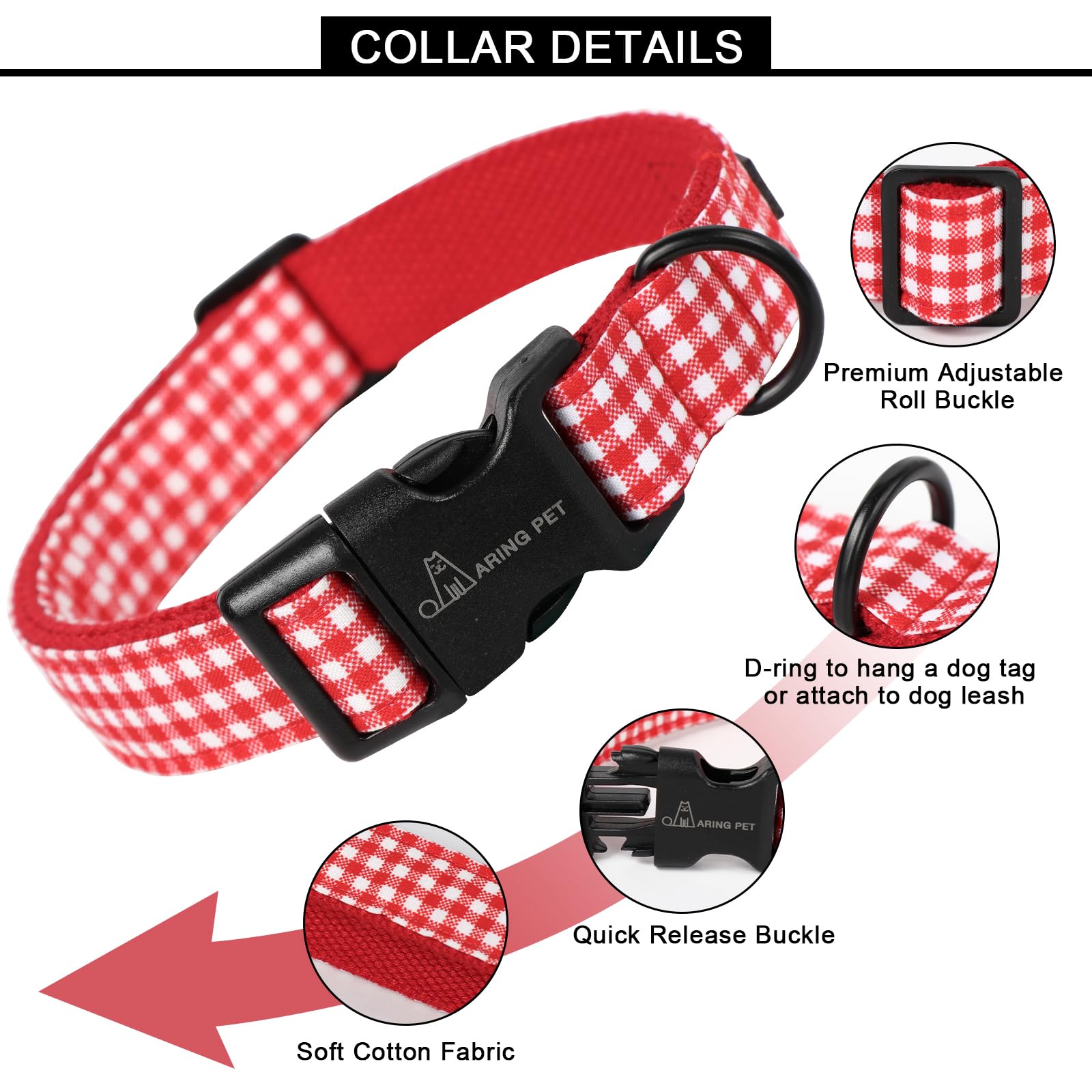 Valentine's Day Dog Collar-Cute Cotton Heart Dog Collars, Adjustable Valentine Plaid Pet Collars Girl Puppy Collar with Quick Release Buckle
