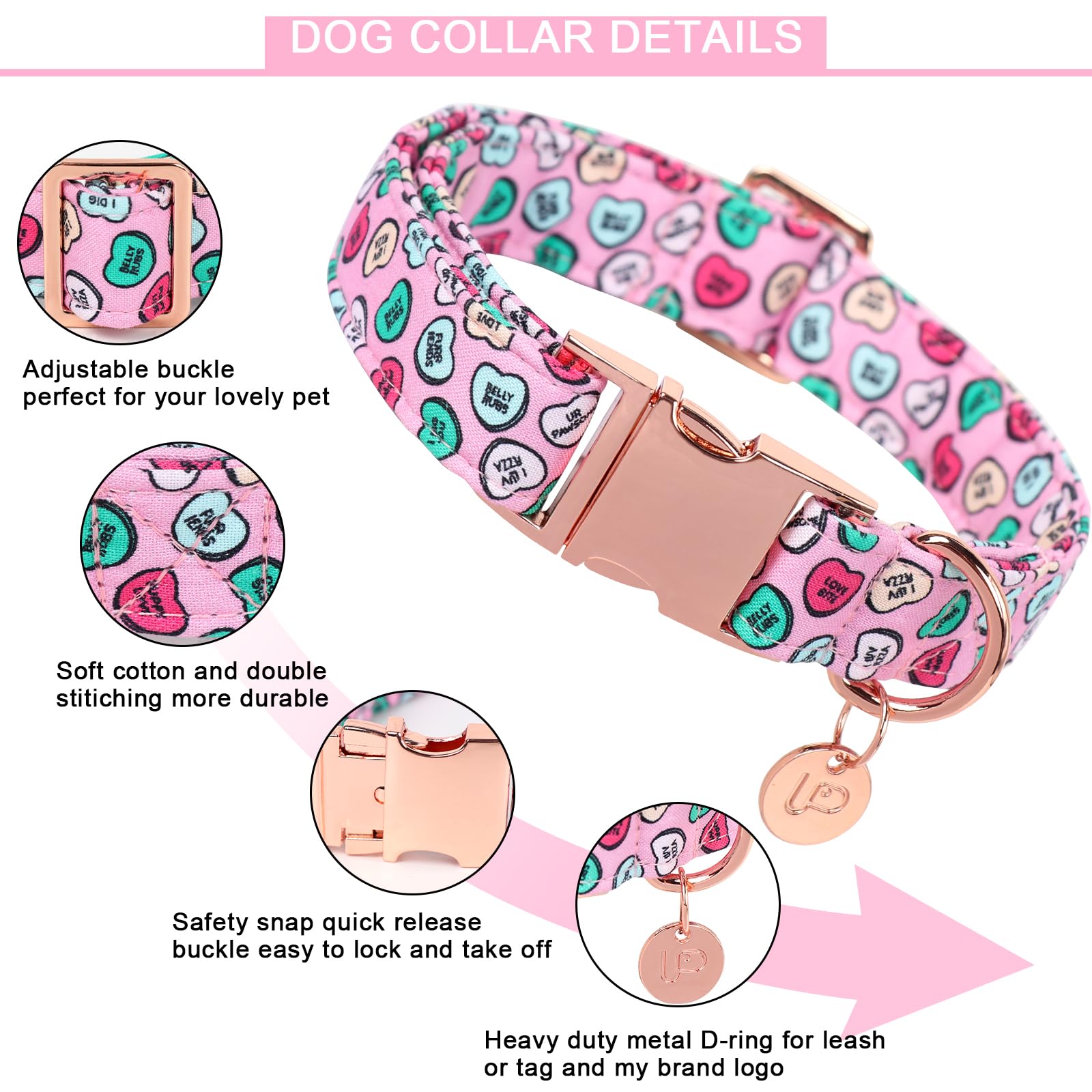 Valentine's Day Dog Collar, Heart Dog Collar for Small Medium Large Girl Boy Dogs or Cats, Wedding Dog Collar Match Dog Leash, Pet Collar with Metal Buckle