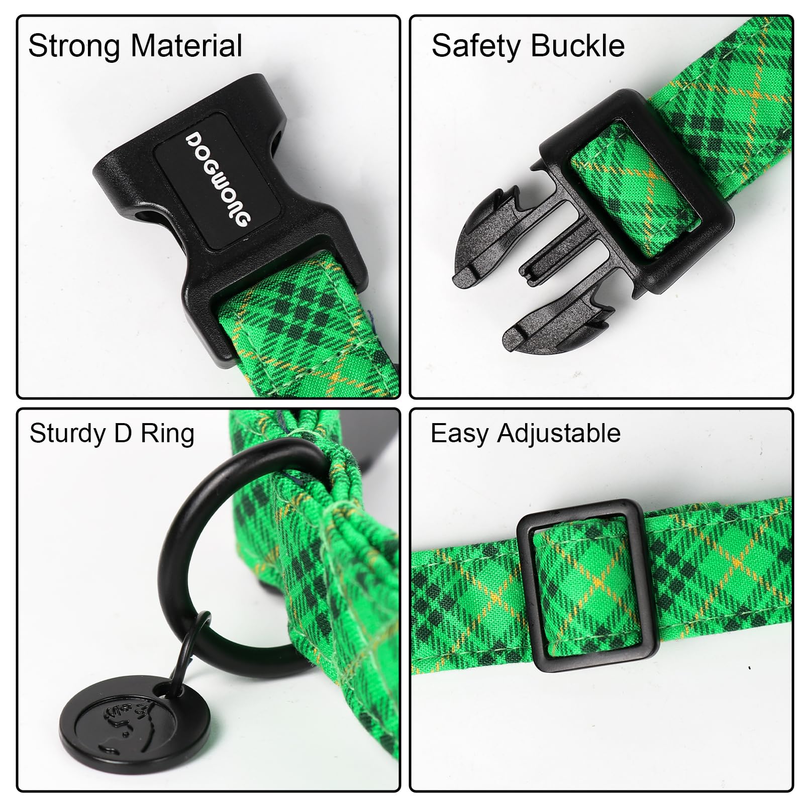 St. Patrick's Day Dog Collar, Green Plaid Dog Collar Soft Durable Adjustable Costume St. Patrick's Day Green Grid Puppy Collar for Small Medium Large Dog