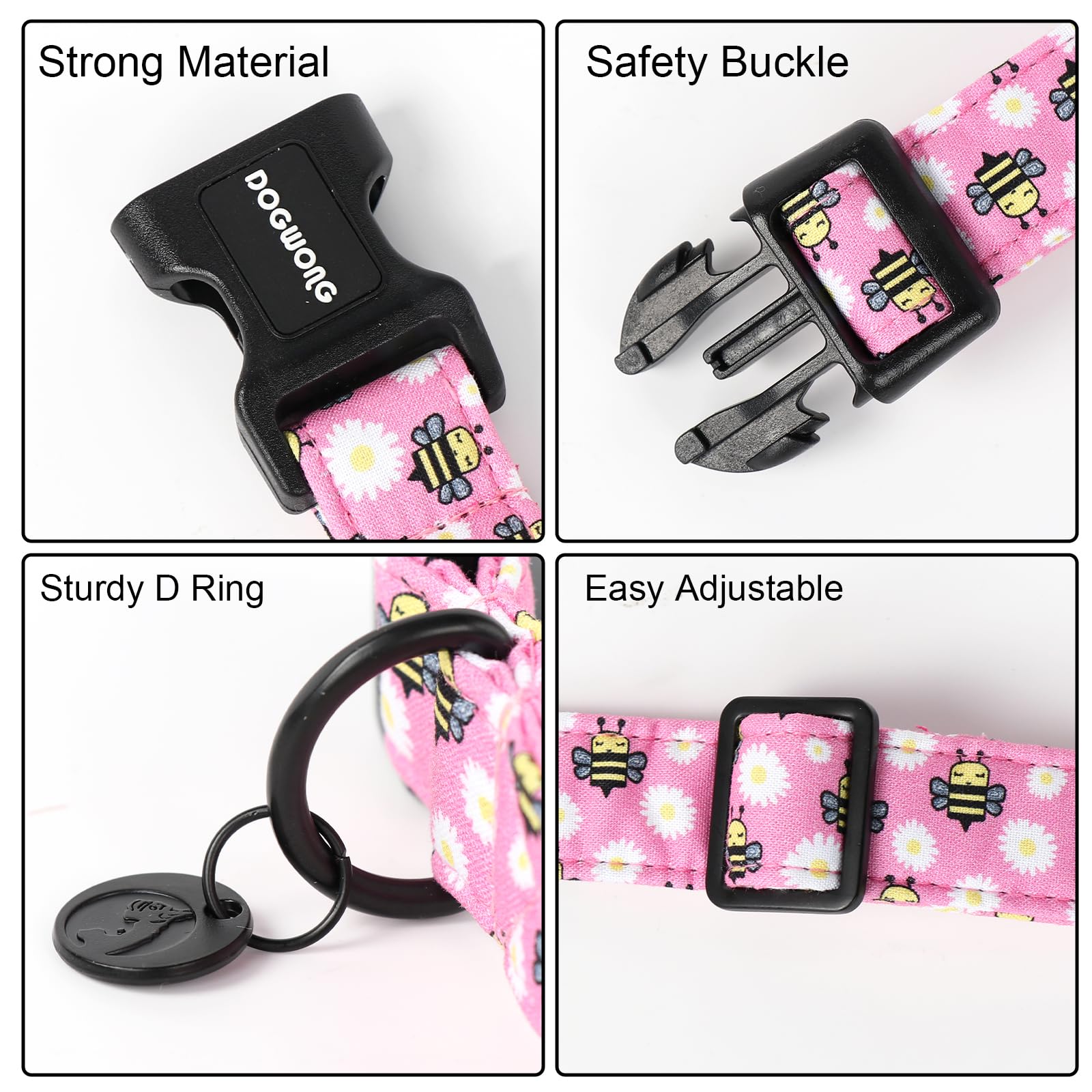 Pink Dog Collar, Female Dog Collar Durable Soft Natural Fabric Pet Girl Dog Collar Cute Daisy Puppy Necklace for Small Medium Large Dog