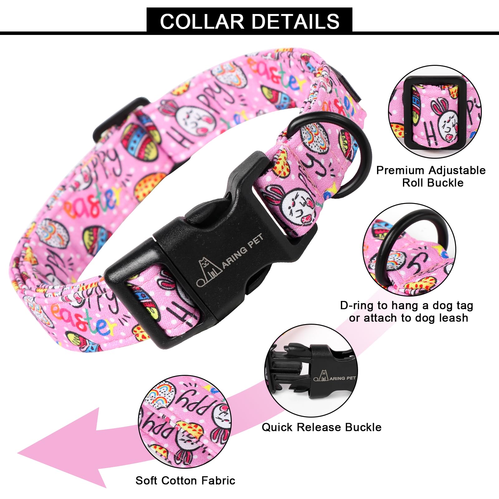 Easter Dog Collar-Cute Easter Eggs Dog Collar, Adjustable Cotton Pink Easter Pet Collar Puppy Collars with Quick Release Buckle