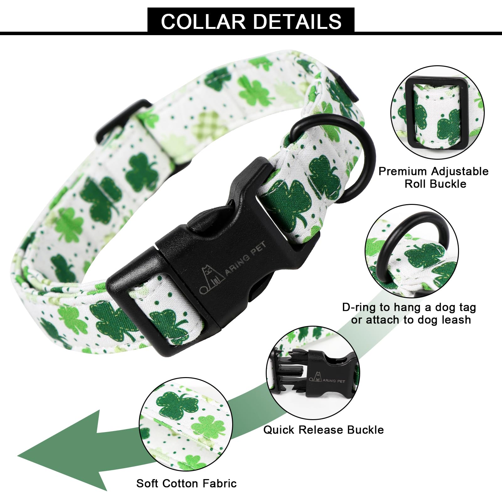 St Patrick's Day Dog Collar-Cute Clovers Dog Collar, Adjustable Cotton Shamrock Pet Collar Puppy Collars with Quick Release Buckle