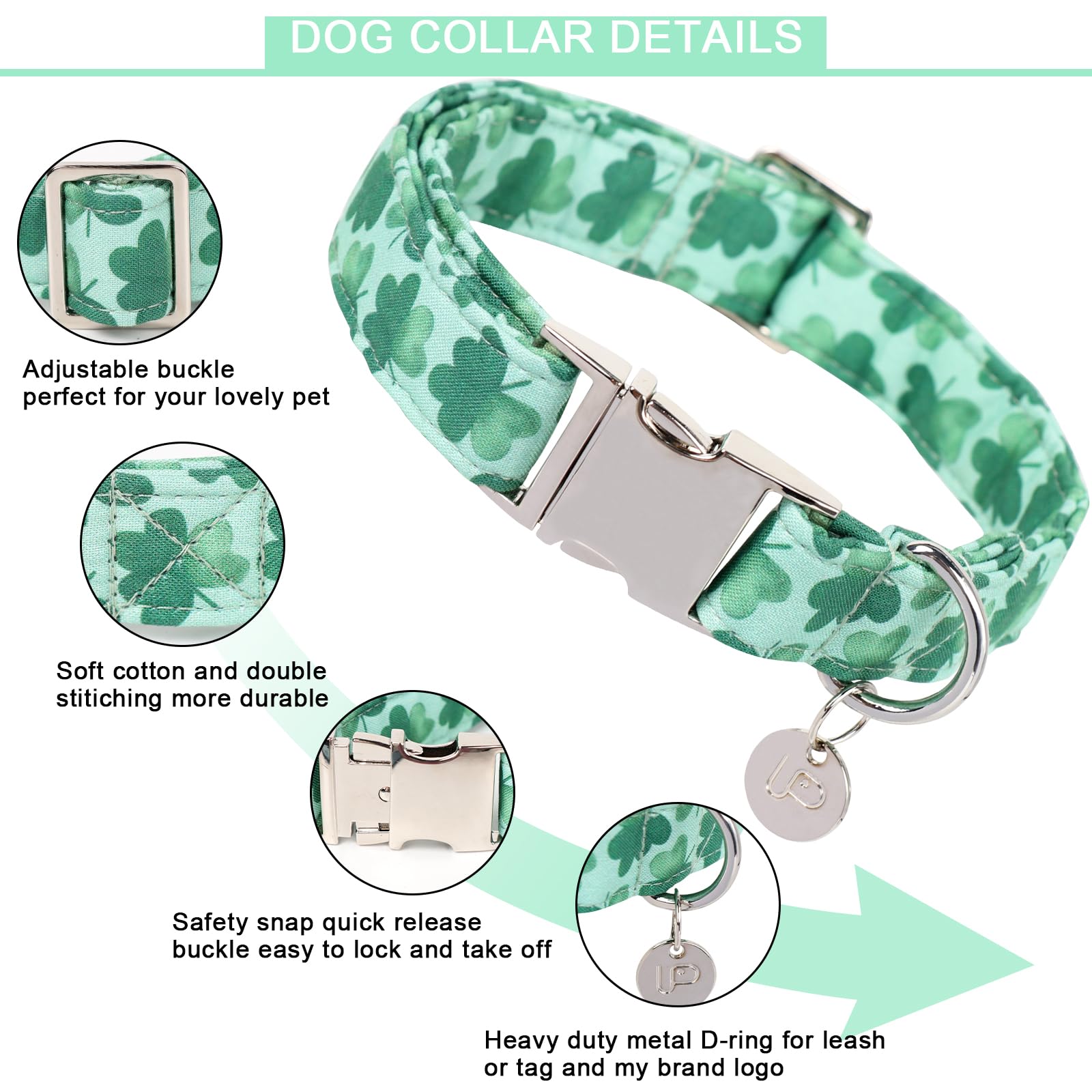 St. Patrick's Day Dog Collar, Cotton St. Patricks Day Clover Collar for Puppy Girl Boy Dog or Cat, Lucky Shamrock Dog Collar with Metal Buckle, Green, Spring