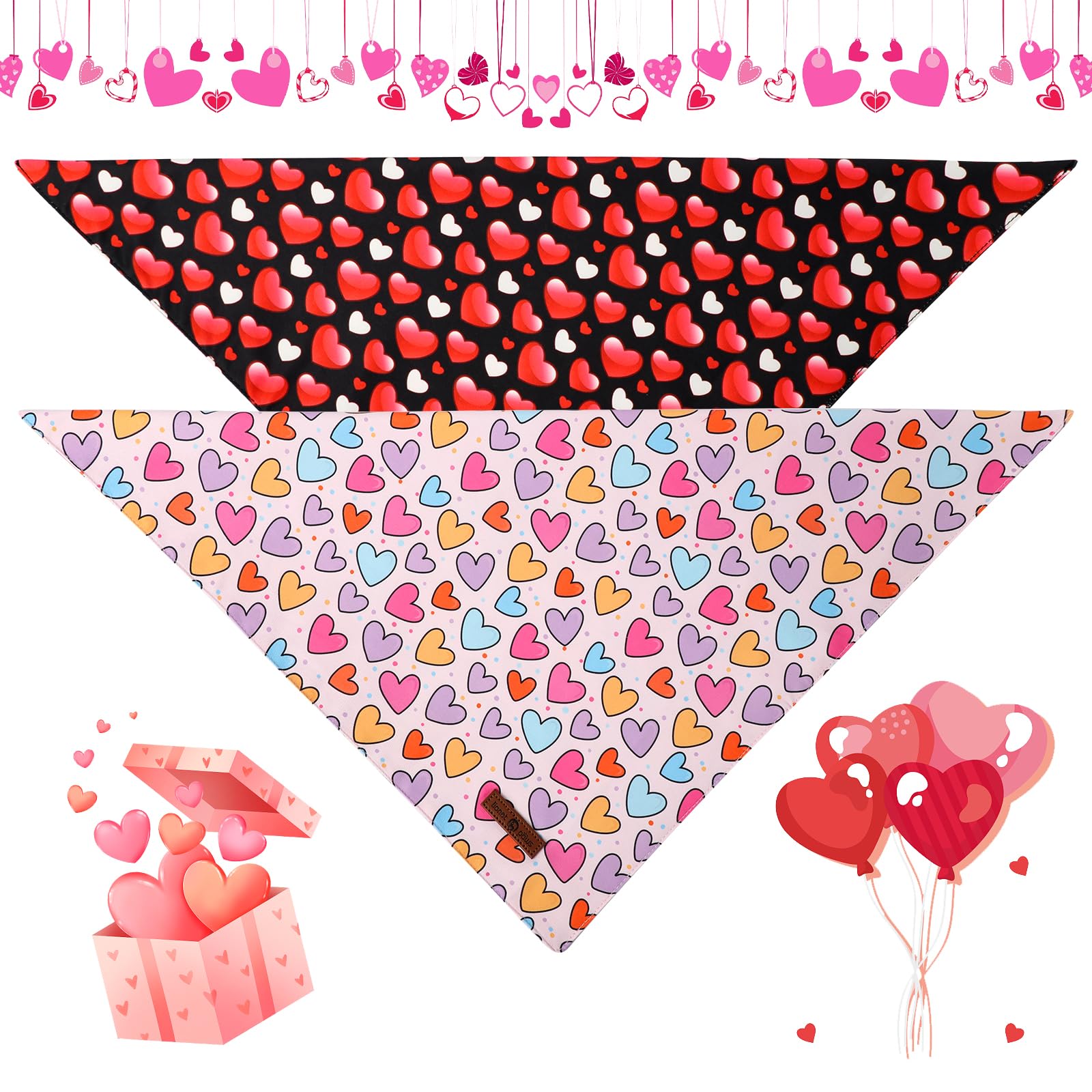 Dog Bandanas, Heart Dog Valentine's Day Scarf Bib Premium Fabric, Happy Valentine Love Bandanas for Dogs Pets