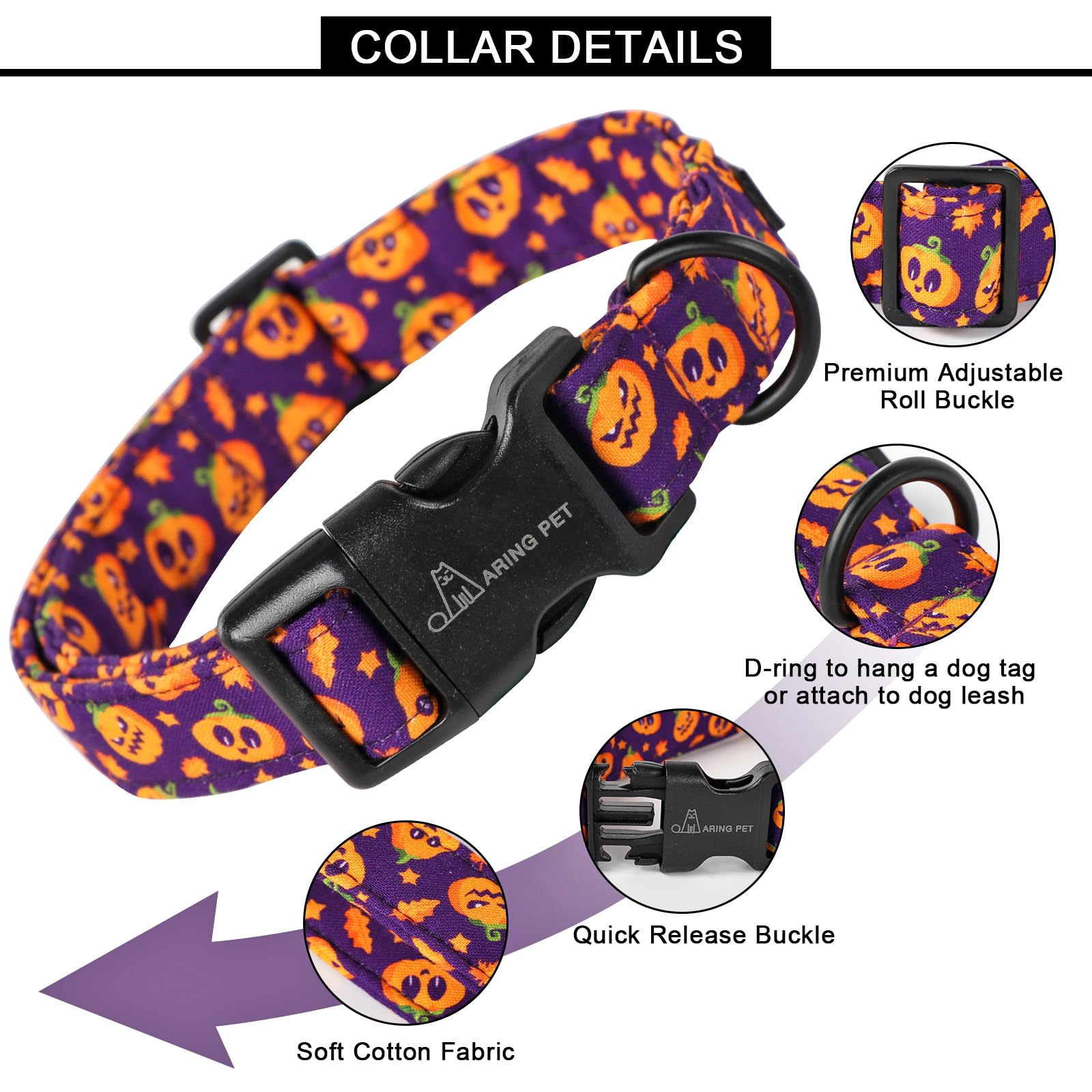 Halloween Dog Collar Cute Purple Pumpkin Dog Collar for Small Dogs, Adjustable Halloween Pet Collars Puppy Collars for Small Medium Large Dogs