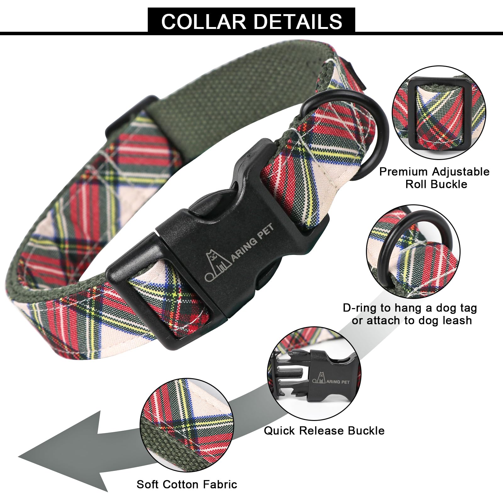 Christmas Dog Collar Cute Plaid Dog Collar, Cotton Lightweight Christmas Small Dog Collars Puppy Collar for Small Medium Large Dogs