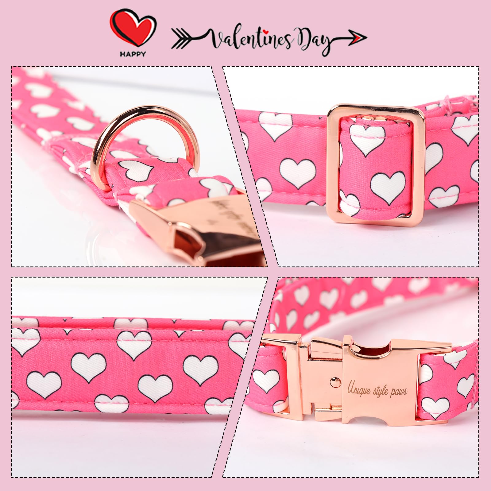 Dog Collar Metal Buckle Collar for Valentine's Day Gift Pink Heart Love for Small Medium Large Boys Girls Dogs