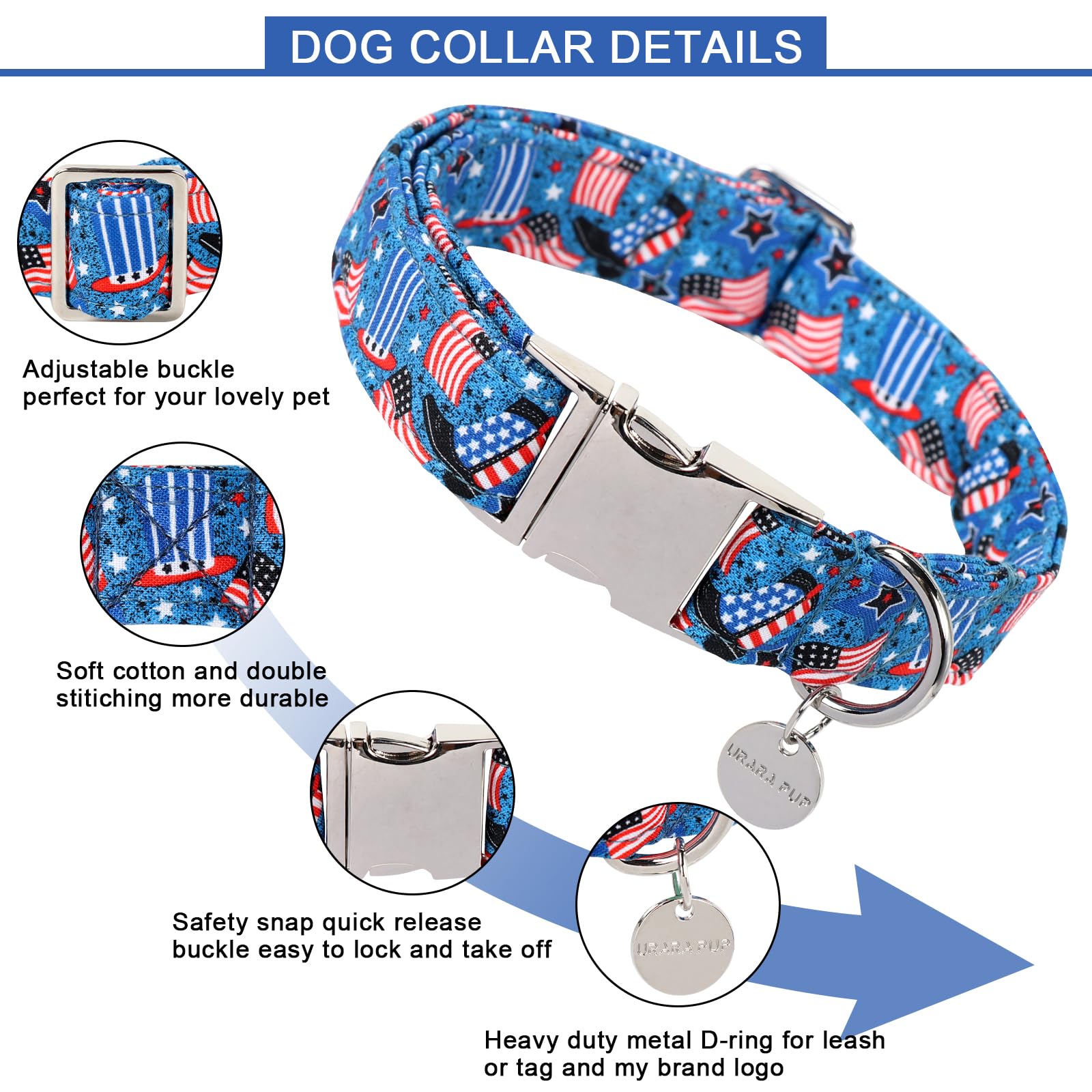 Patriotic Dog Collar, 4th of July Dog Collar, American Flag Collar for Puppy Boy Girl Dog or Cat, Comfortable Summer Collar with Metal Buckle