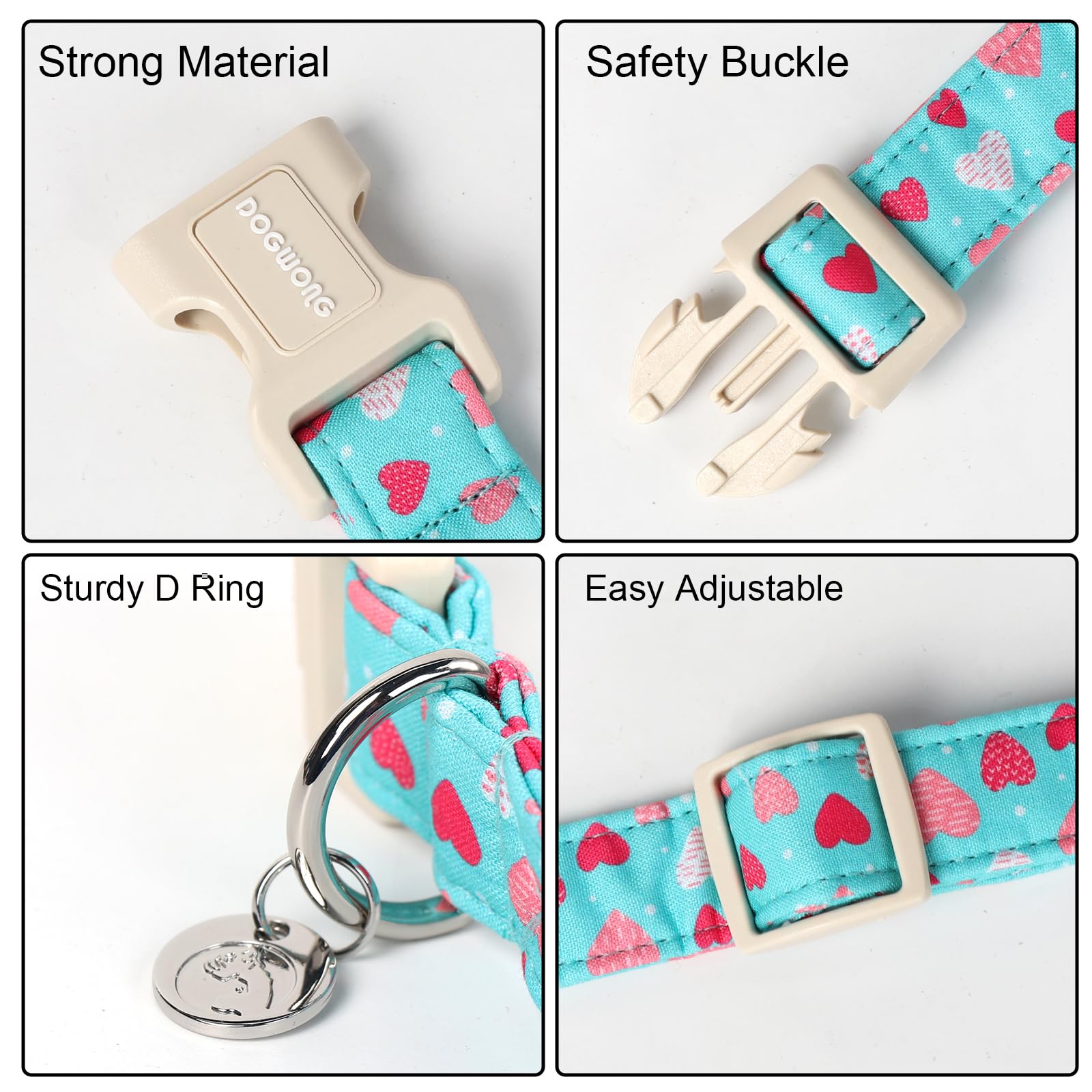 Valentine's Day Dog Collar - Blue Heart Adjustable Cotton Heart Dog Collar - Perfect Dog Collar for Small Medium Large Dogs
