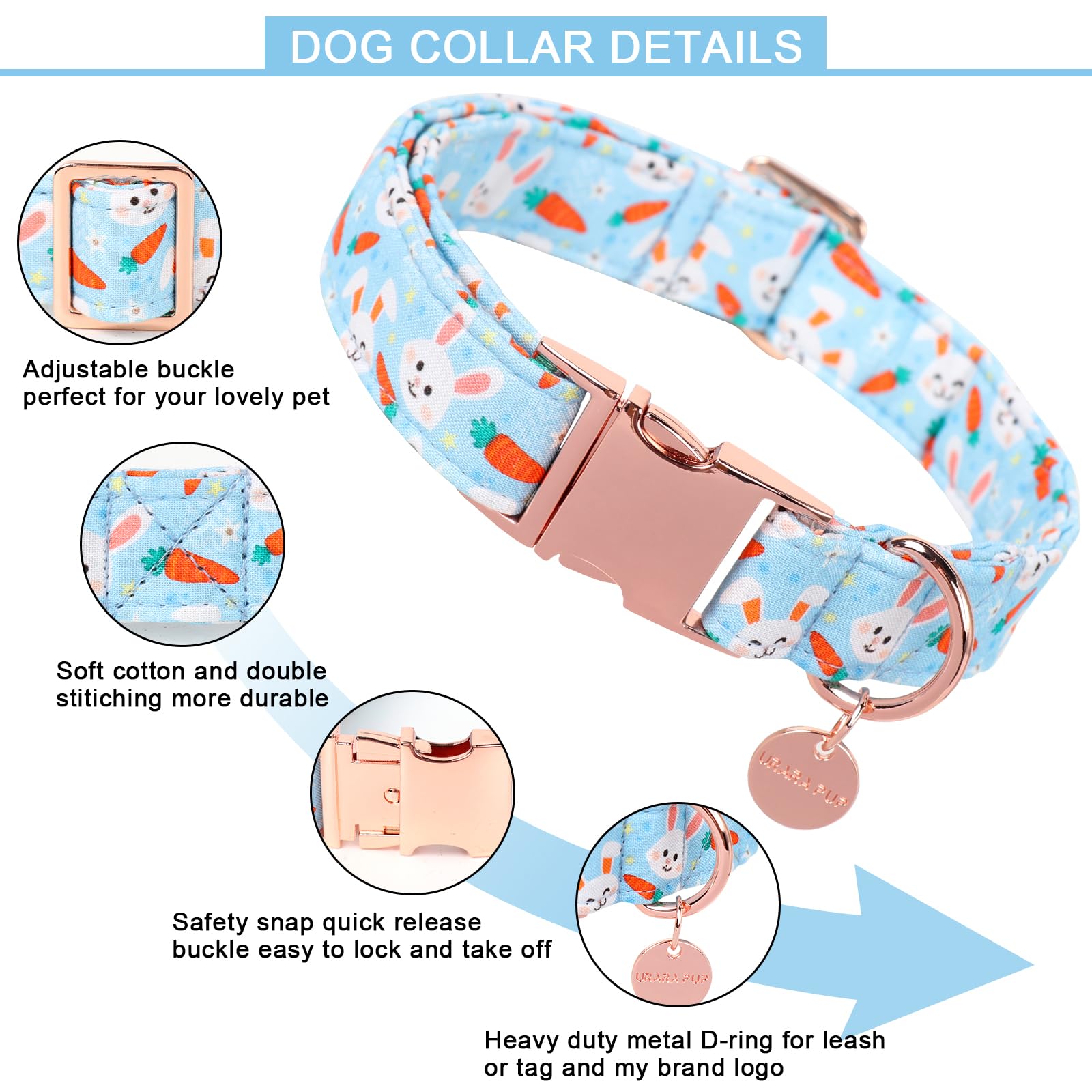 Easter Dog Collar, Cotton Easter Bunny Collar for Puppy Girl Boy Dog or Cat, Easter Day Gift Rabbit Carrot Dog Collar, Cute Carrot Pet Dog Collar with Metal Buckle