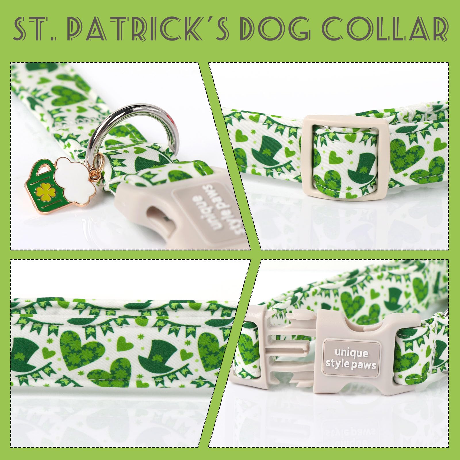 St. Patrick's Day Dog Collar Plastic Buckle Collar with Pendant Green Lucky Magic Hat Gift for Small Medium Large Boys Girls Dogs
